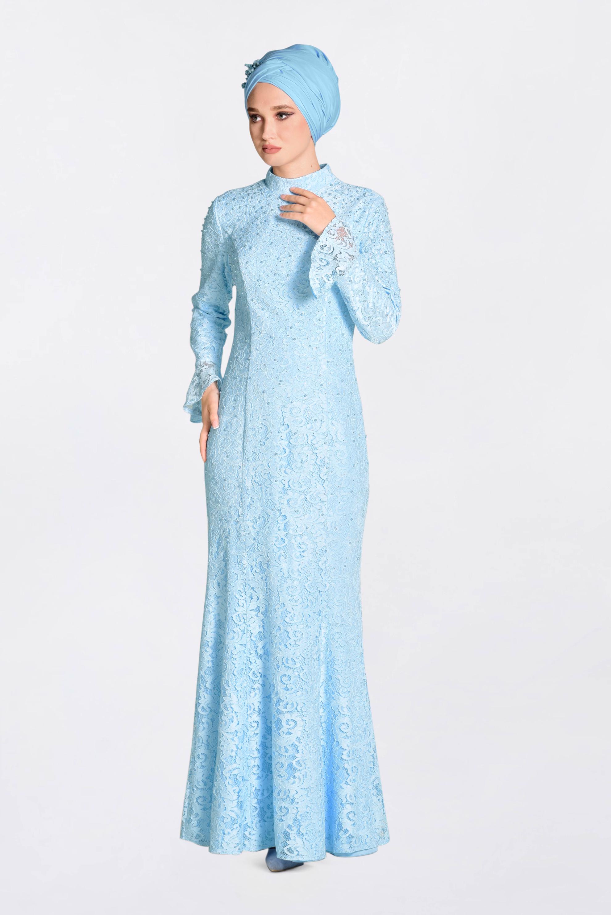 Tesettür giyim MAVİ DANTEL İŞLEMELİ ABİYE ELBİSE 5519
