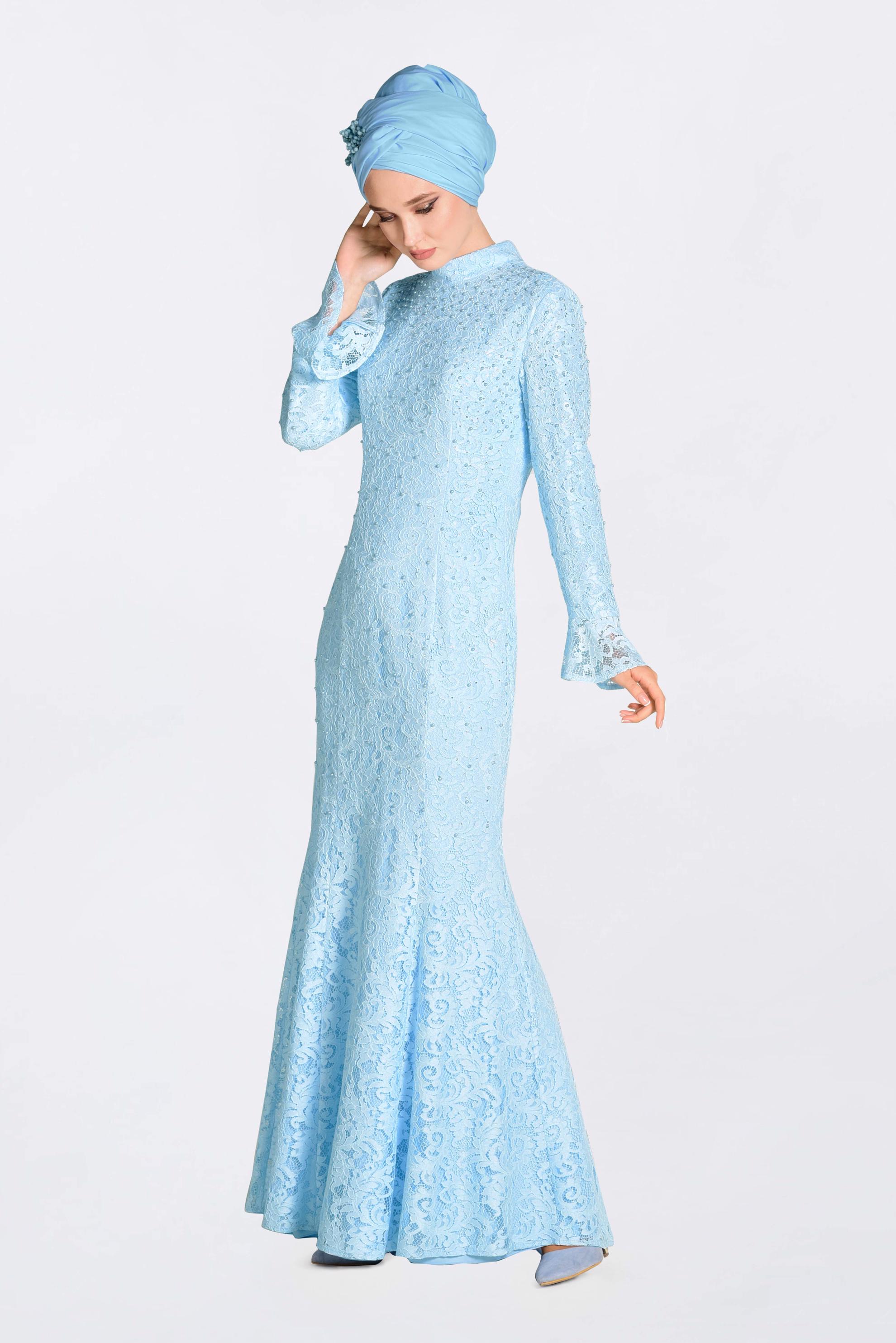 Tesettür giyim MAVİ DANTEL İŞLEMELİ ABİYE ELBİSE 5519