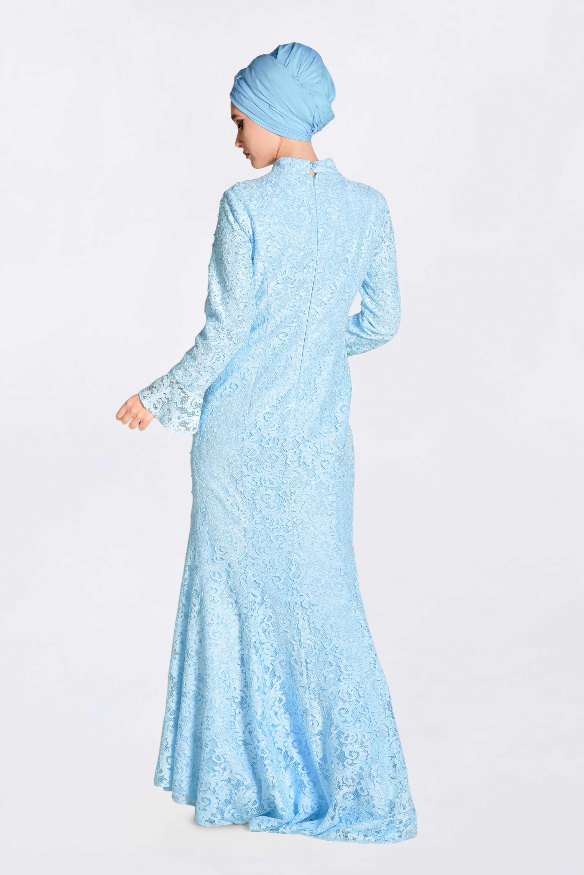 Tesettür giyim MAVİ DANTEL İŞLEMELİ ABİYE ELBİSE 5519
