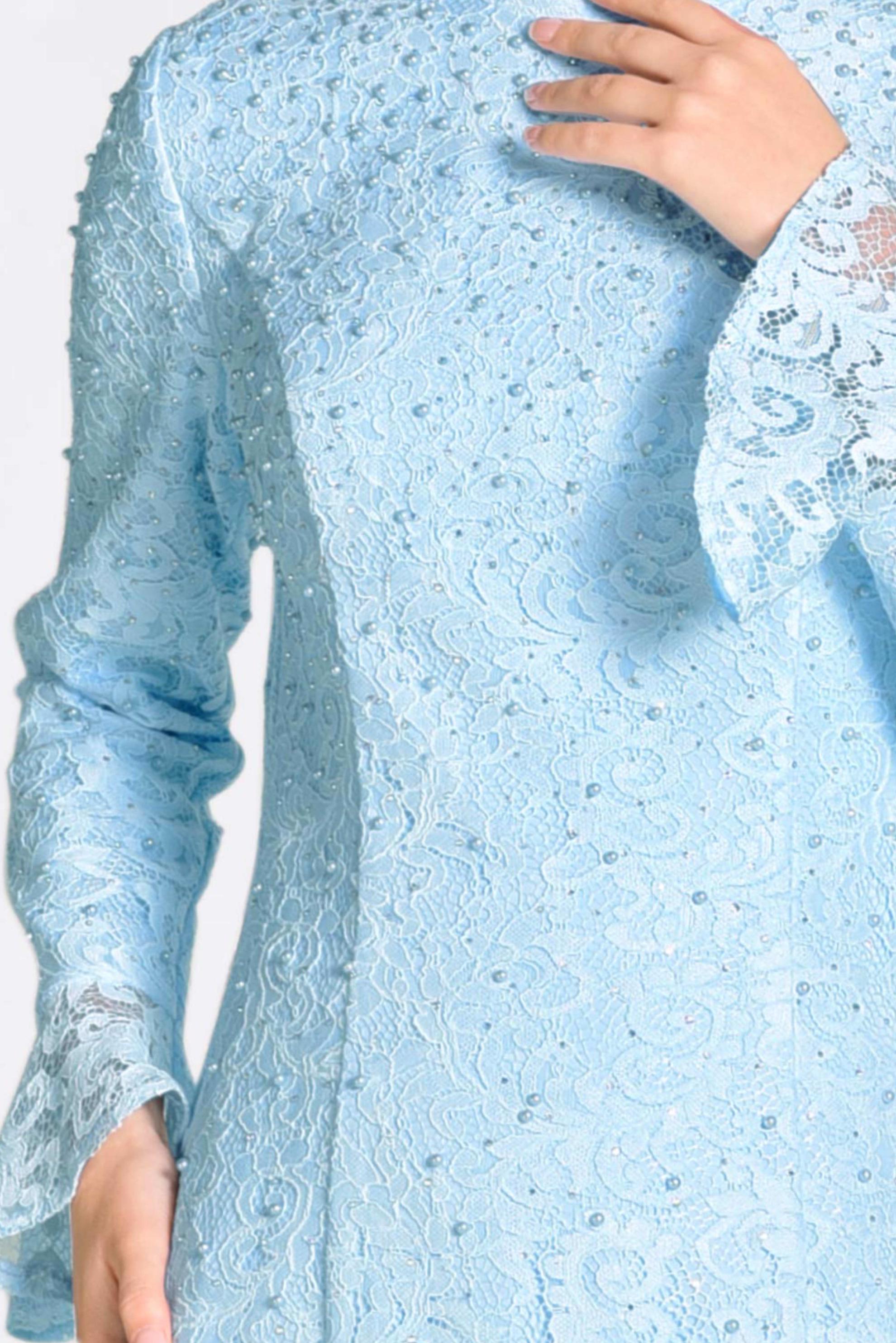 Tesettür giyim MAVİ DANTEL İŞLEMELİ ABİYE ELBİSE 5519