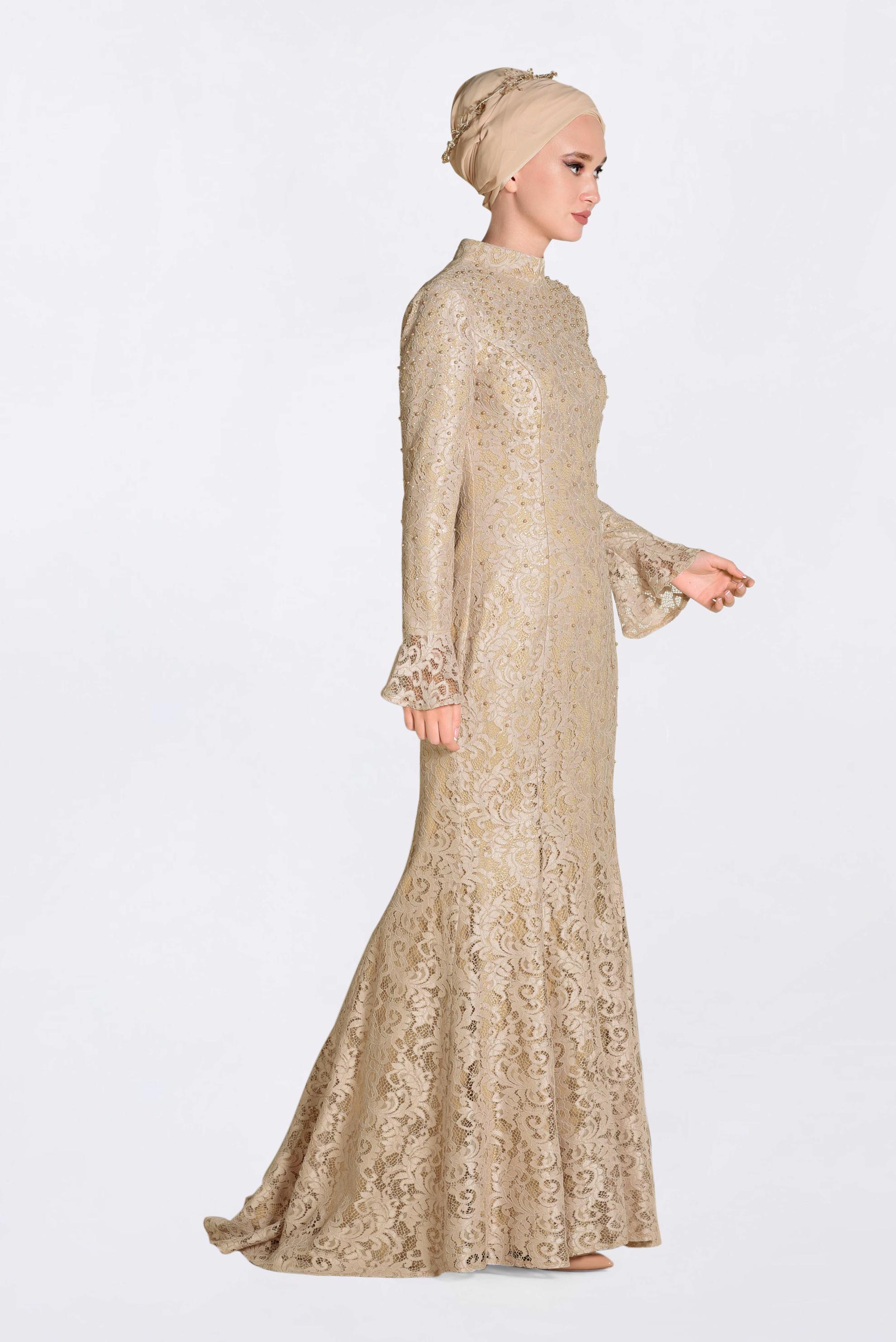 Tesettür giyim BEJ DANTEL İŞLEMELİ ABİYE ELBİSE 5519