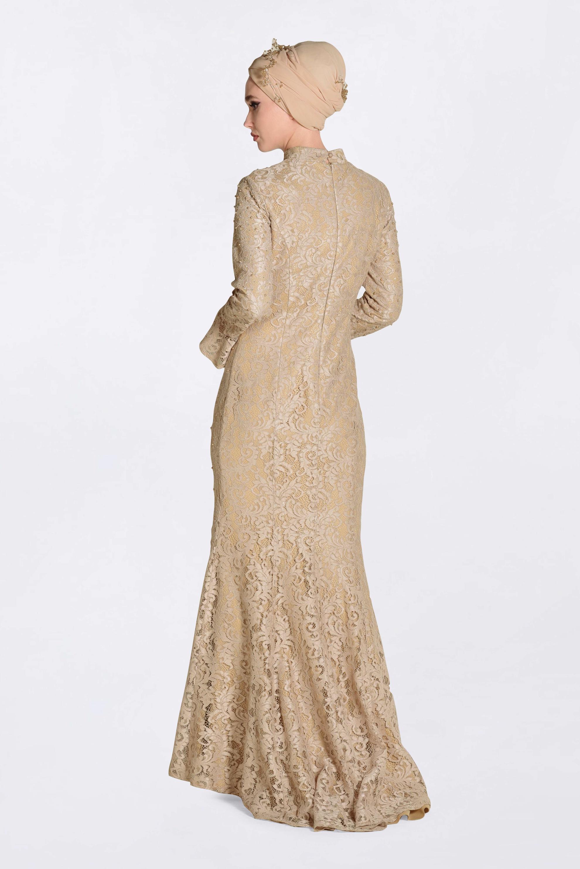 Tesettür giyim BEJ DANTEL İŞLEMELİ ABİYE ELBİSE 5519