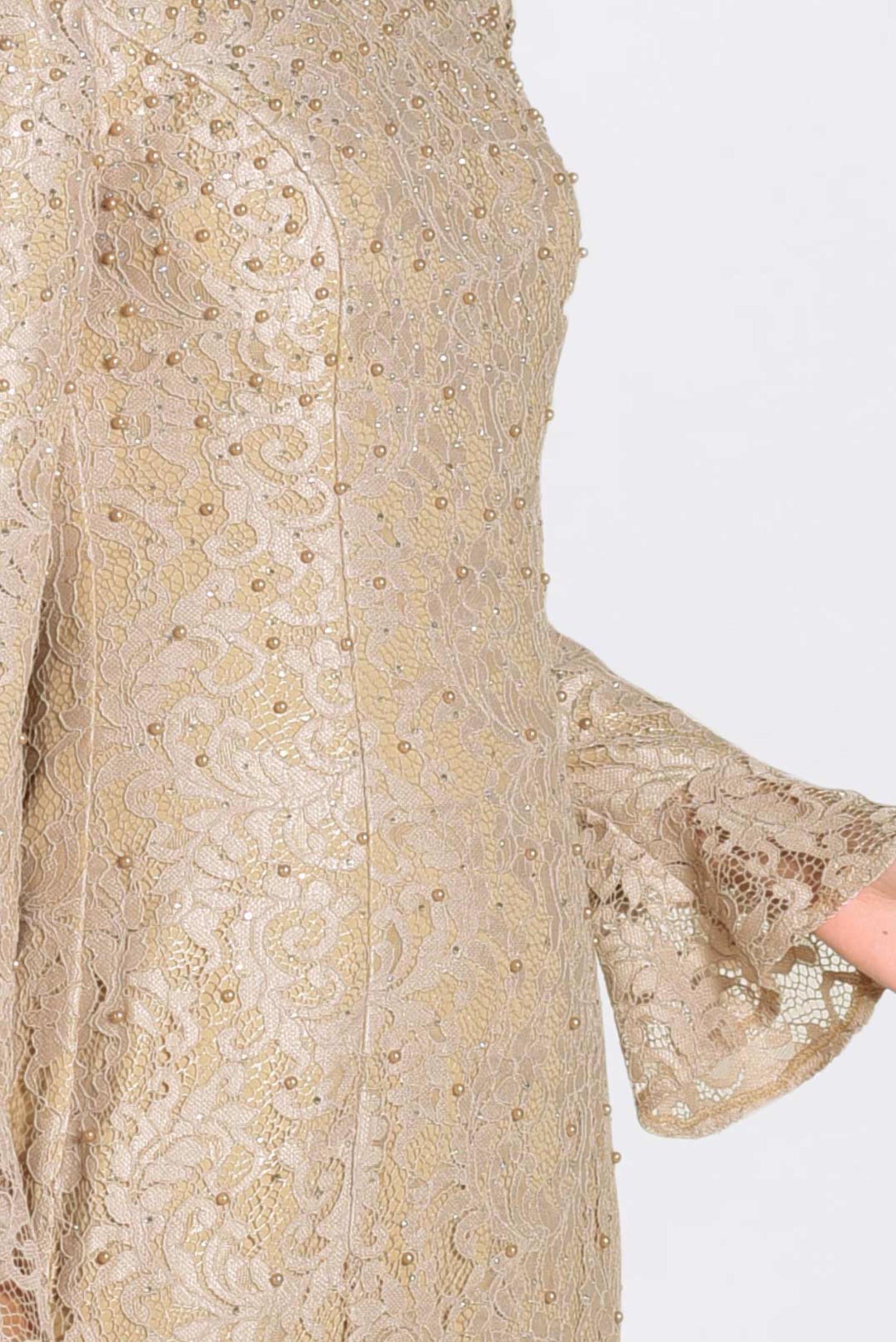 Tesettür giyim BEJ DANTEL İŞLEMELİ ABİYE ELBİSE 5519