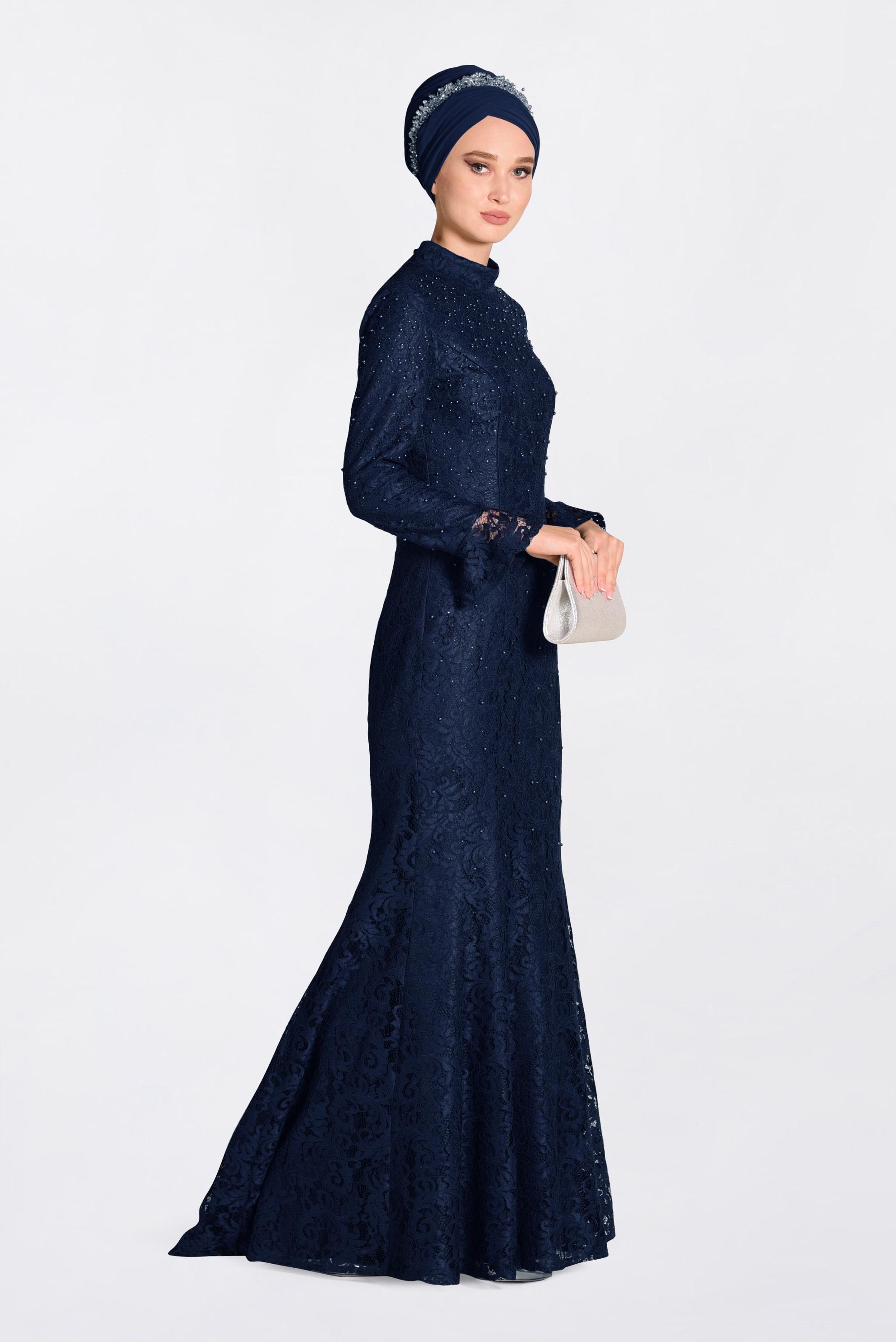 Tesettür giyim LACİVERT DANTEL İŞLEMELİ ABİYE ELBİSE 5519