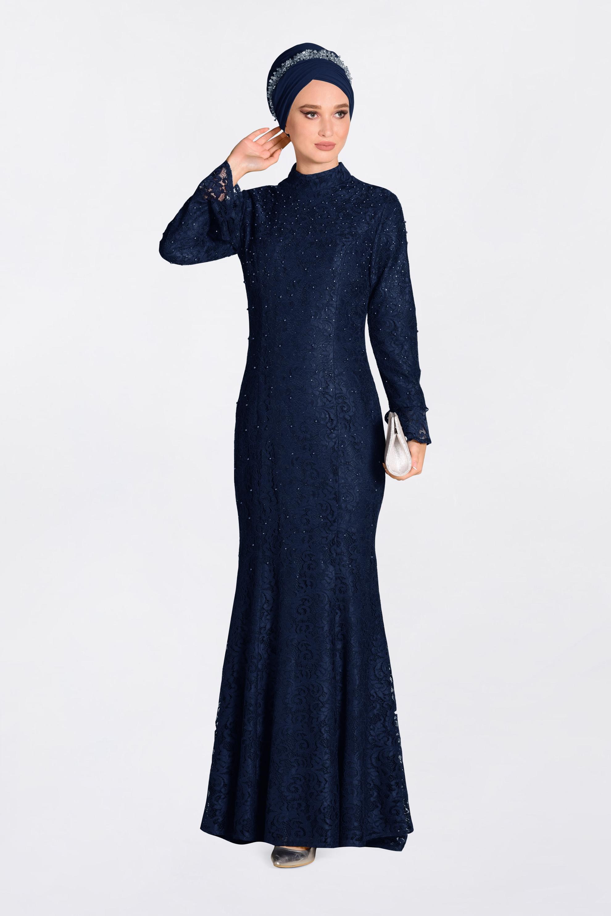 Tesettür giyim LACİVERT DANTEL İŞLEMELİ ABİYE ELBİSE 5519