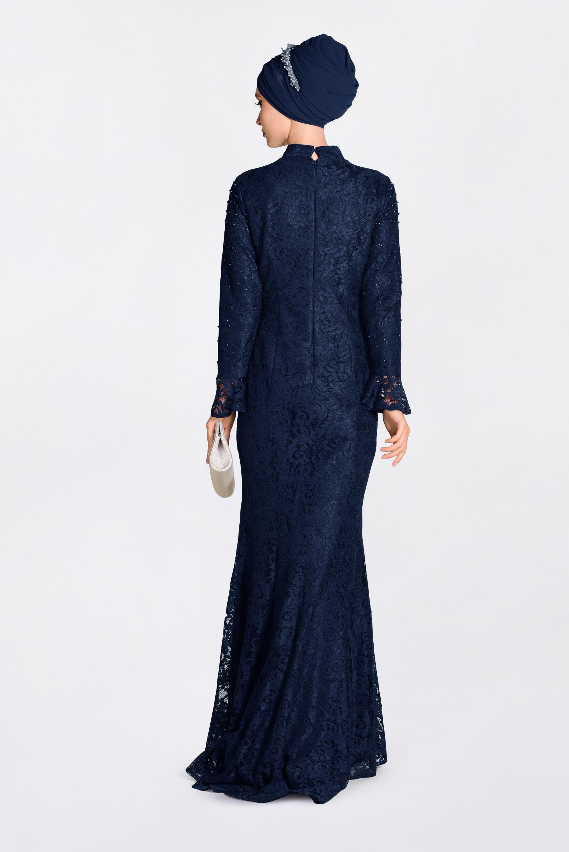 Tesettür giyim LACİVERT DANTEL İŞLEMELİ ABİYE ELBİSE 5519