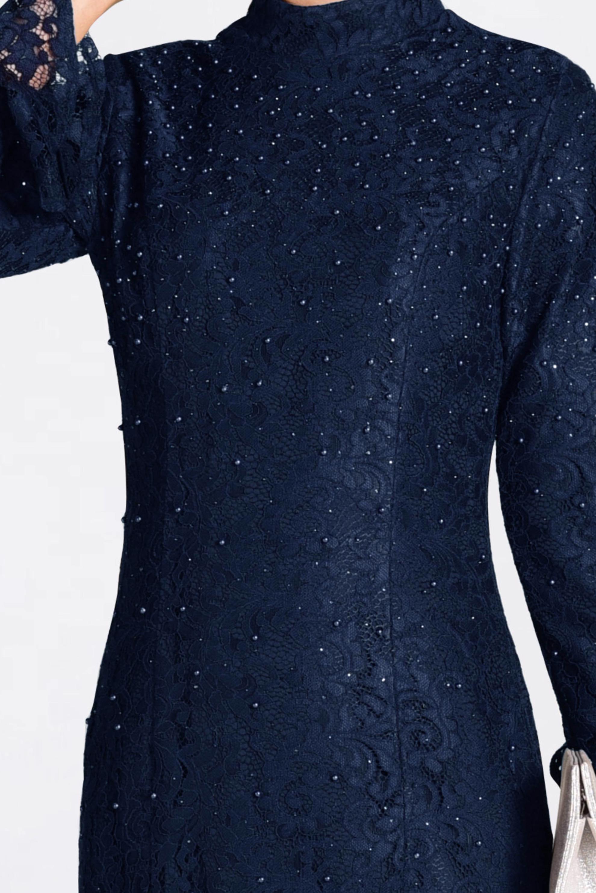 Tesettür giyim LACİVERT DANTEL İŞLEMELİ ABİYE ELBİSE 5519