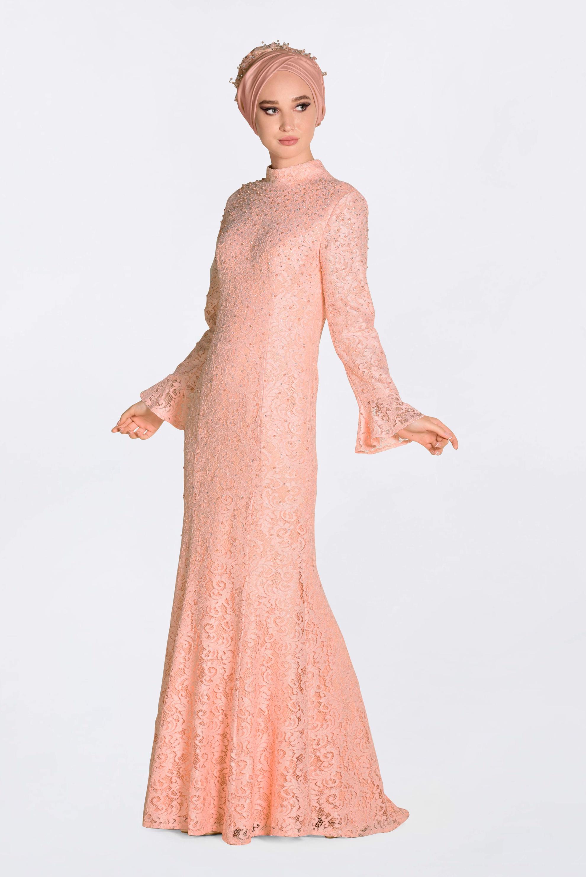 Tesettür giyim PUDRA DANTEL İŞLEMELİ ABİYE ELBİSE 5519