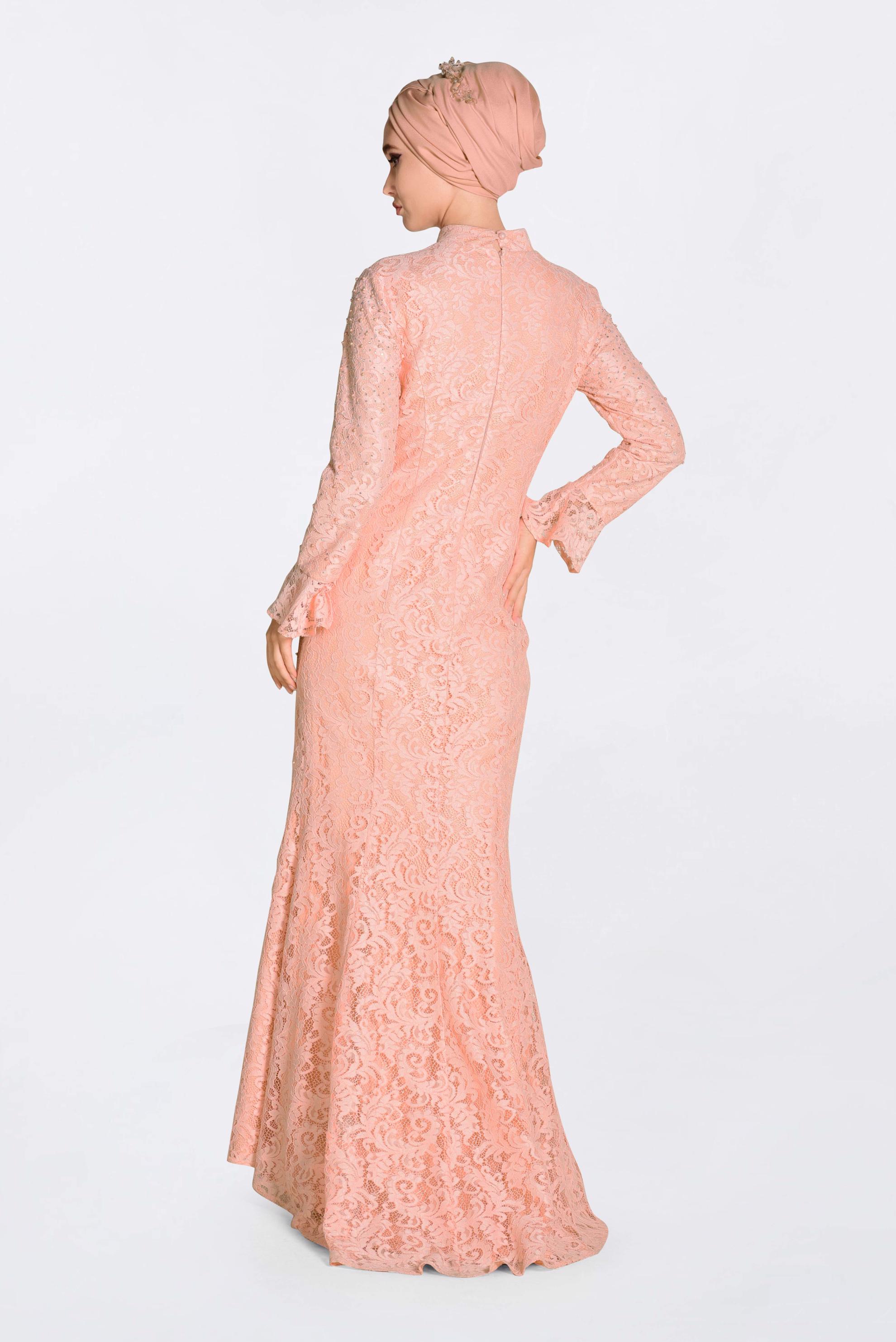 Tesettür giyim PUDRA DANTEL İŞLEMELİ ABİYE ELBİSE 5519