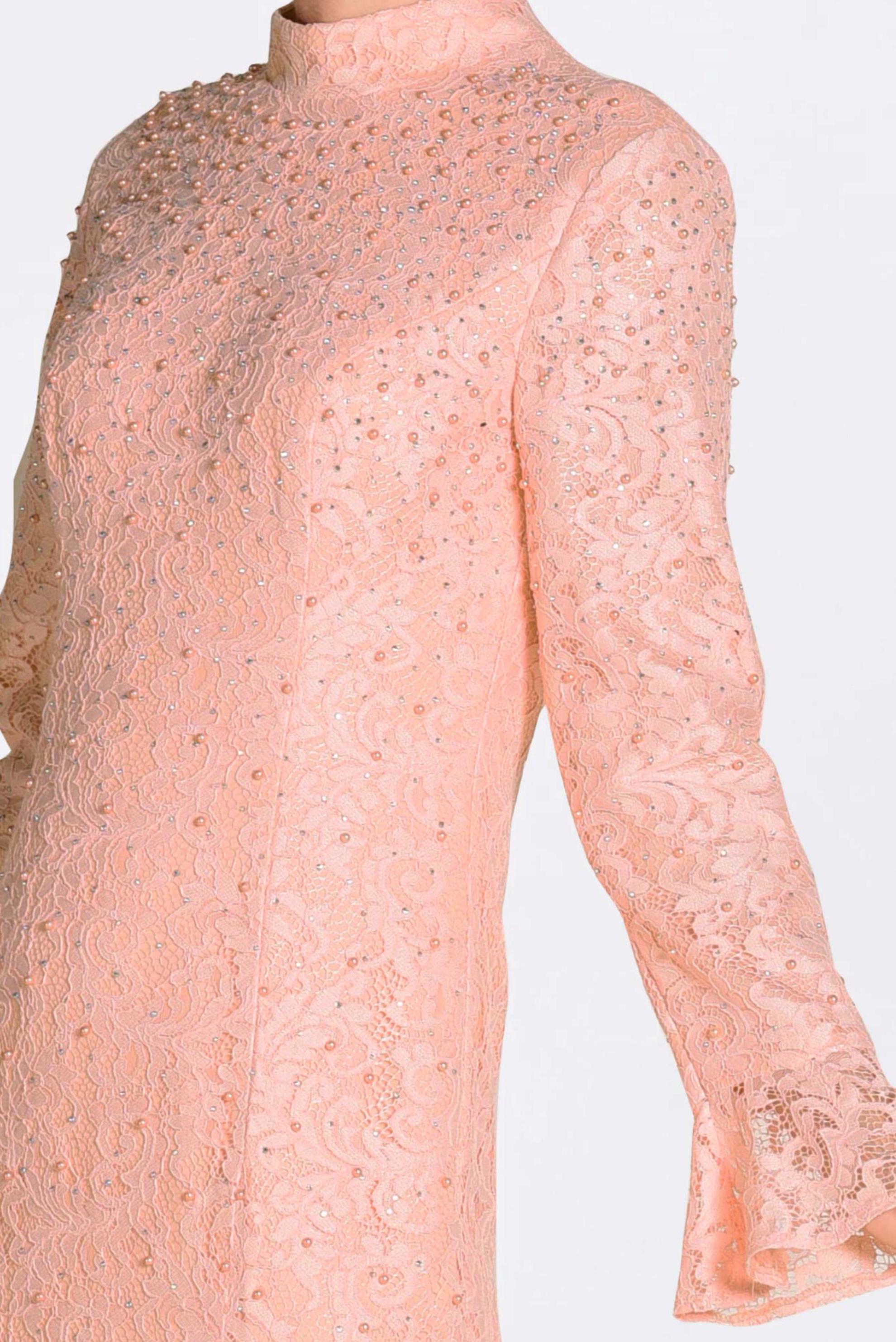 Tesettür giyim PUDRA DANTEL İŞLEMELİ ABİYE ELBİSE 5519