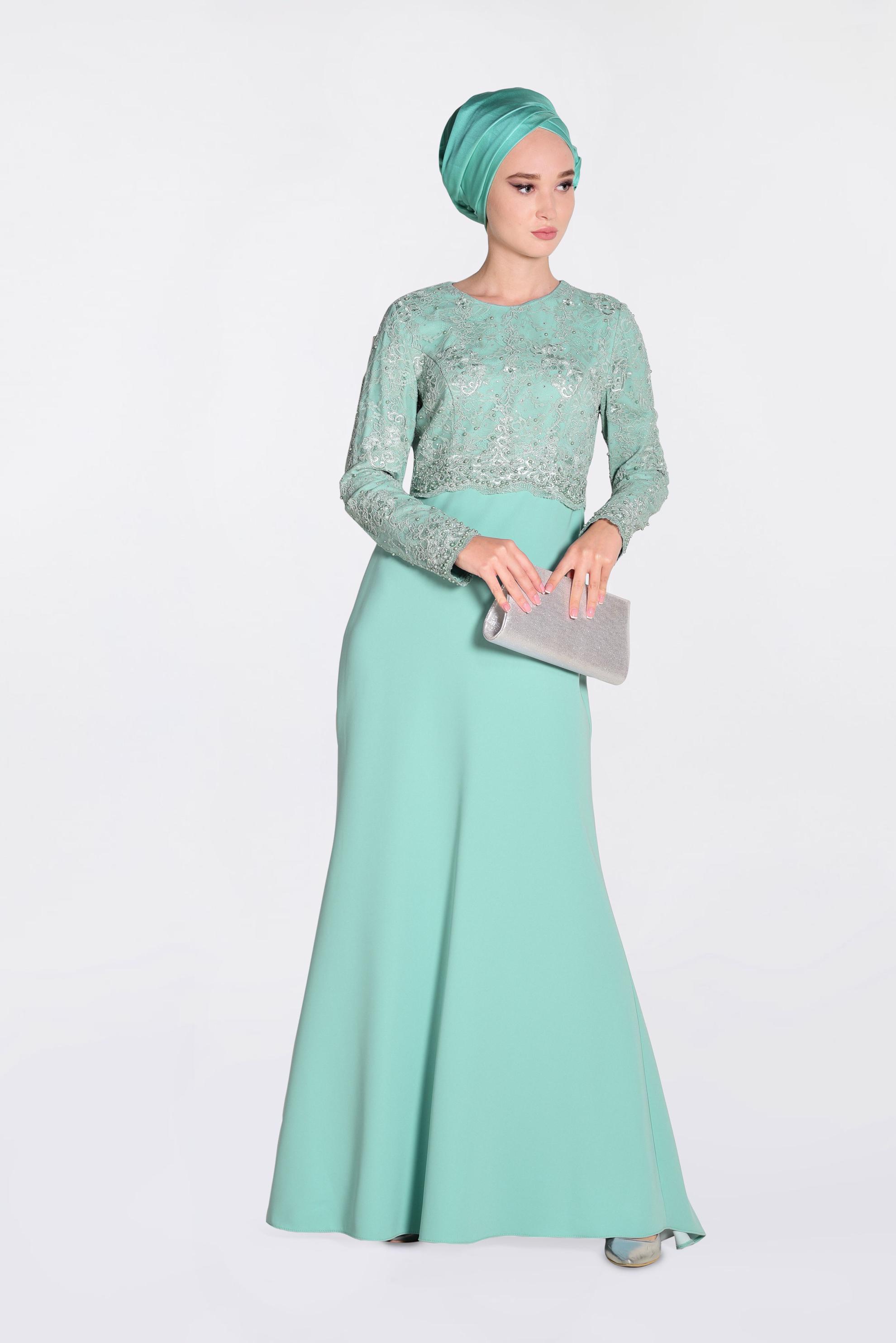 Tesettür giyim MAVİ GÜPÜRLÜ BALIK ABİYE ELBİSE 5520