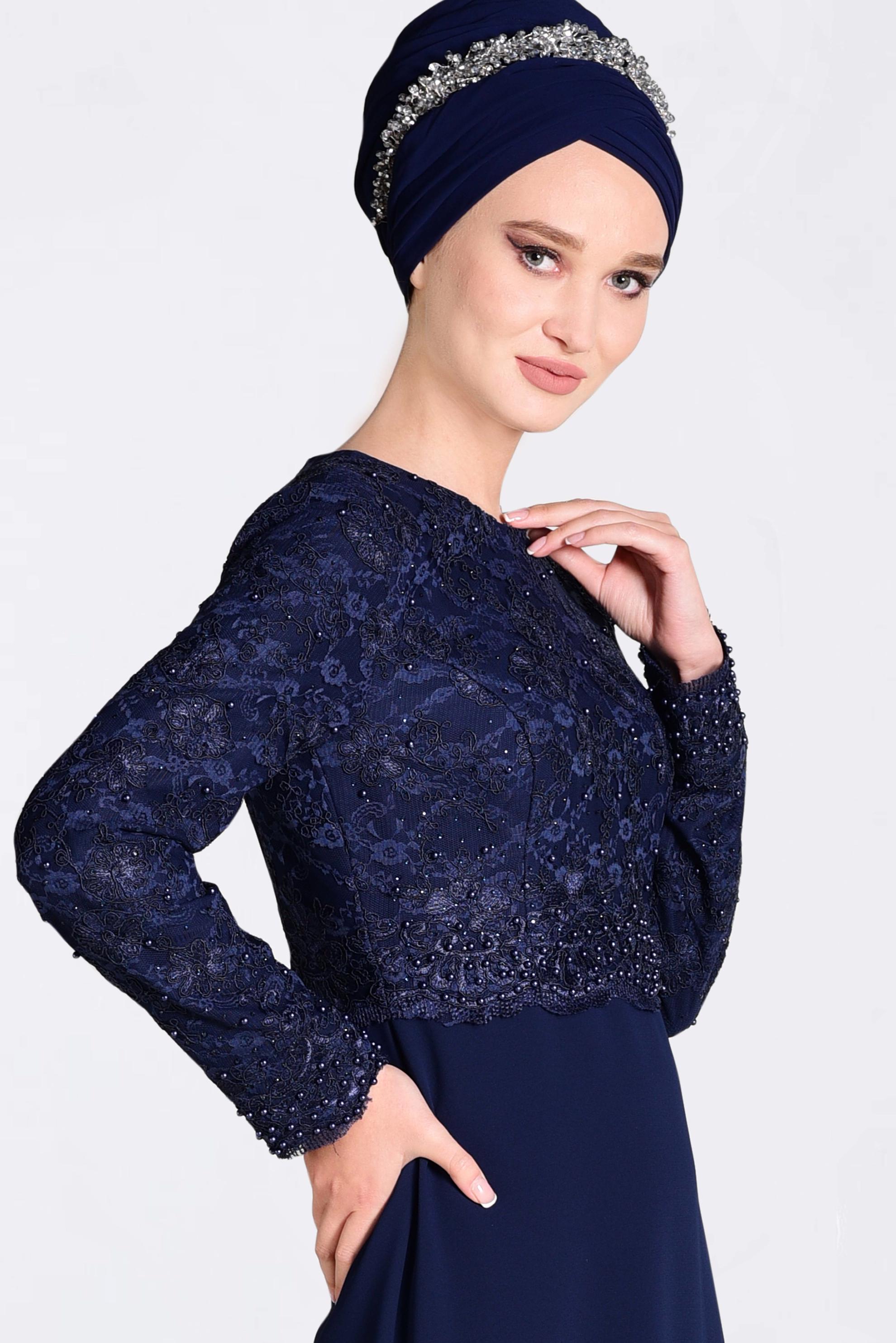 Tesettür giyim LACİVERT GÜPÜRLÜ BALIK ABİYE ELBİSE 5520