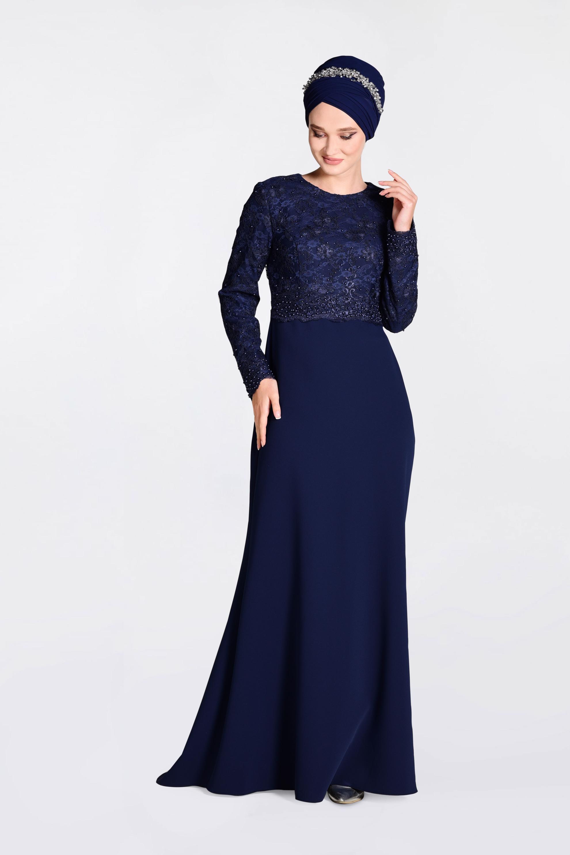 Tesettür giyim LACİVERT GÜPÜRLÜ BALIK ABİYE ELBİSE 5520