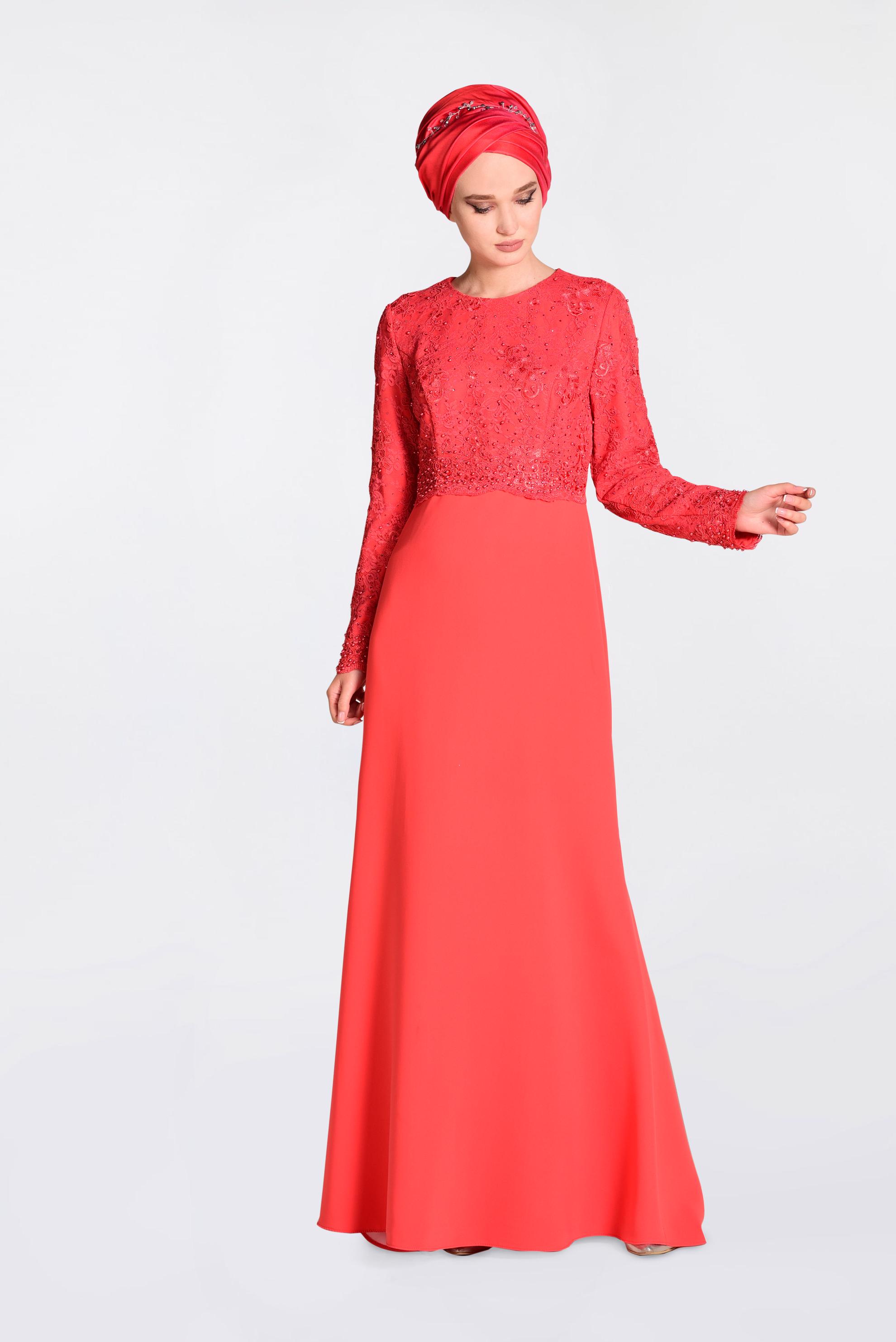 Tesettür giyim MERCAN GÜPÜRLÜ BALIK ABİYE ELBİSE 5520