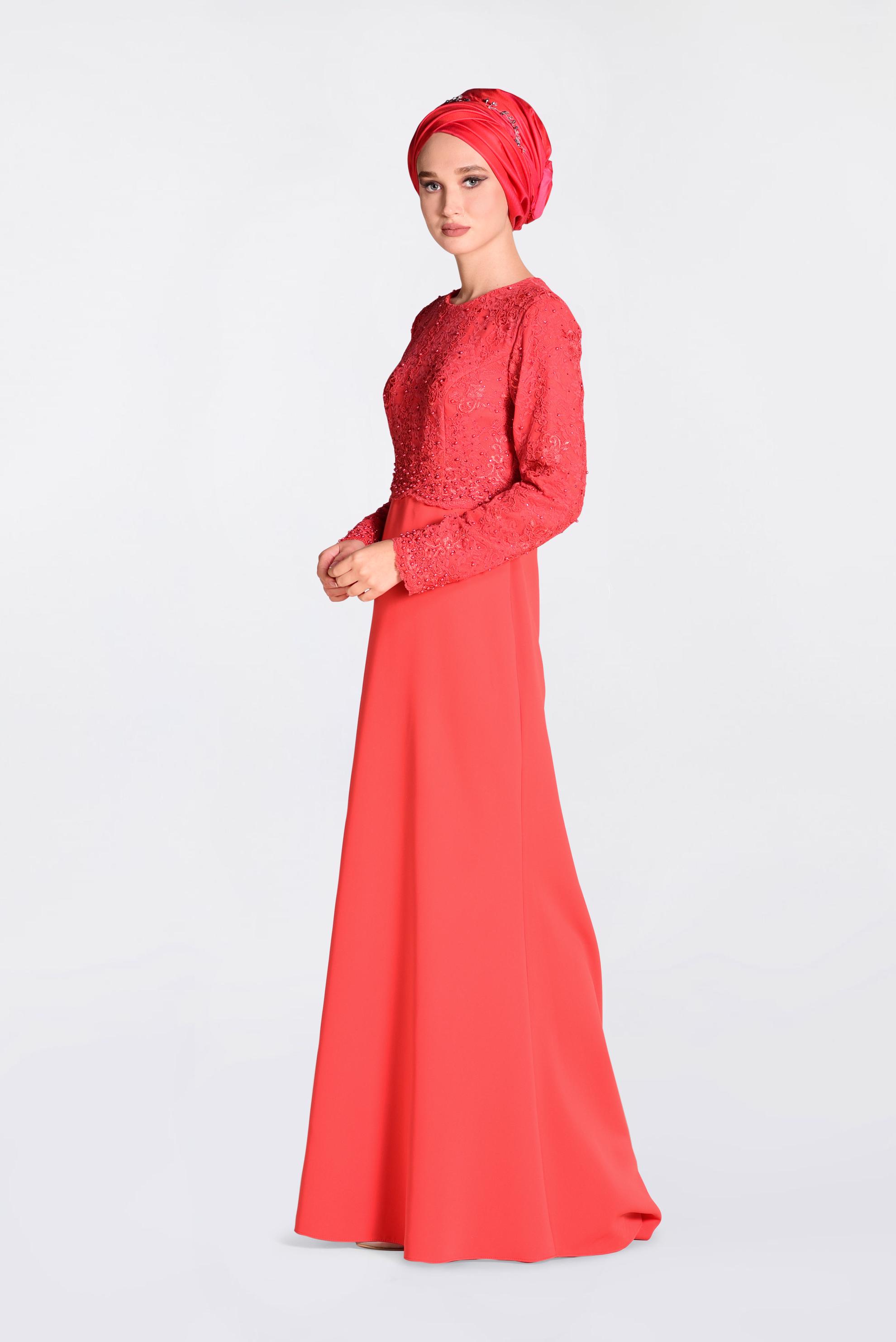Tesettür giyim MERCAN GÜPÜRLÜ BALIK ABİYE ELBİSE 5520