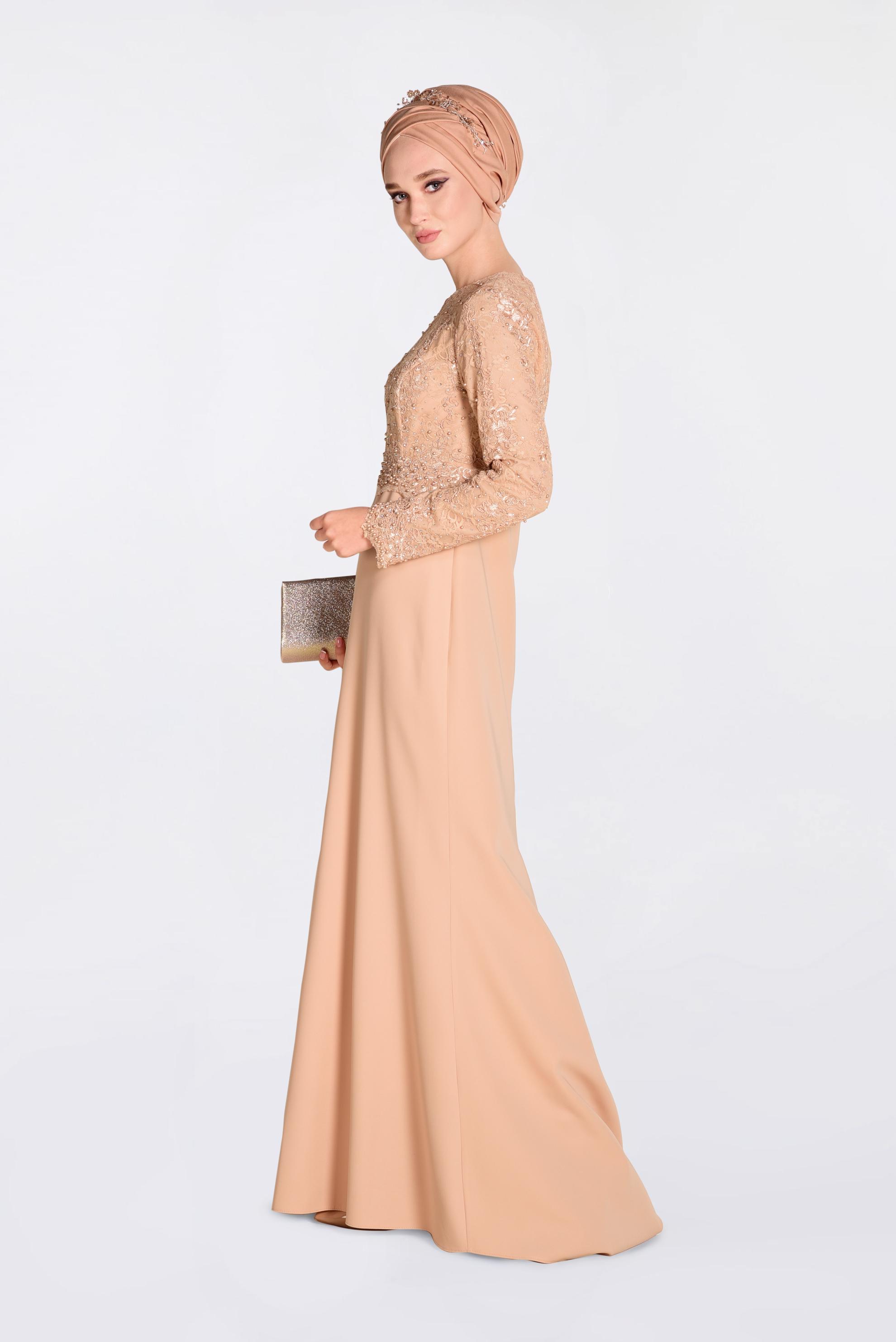 Tesettür giyim PUDRA GÜPÜRLÜ BALIK ABİYE ELBİSE 5520