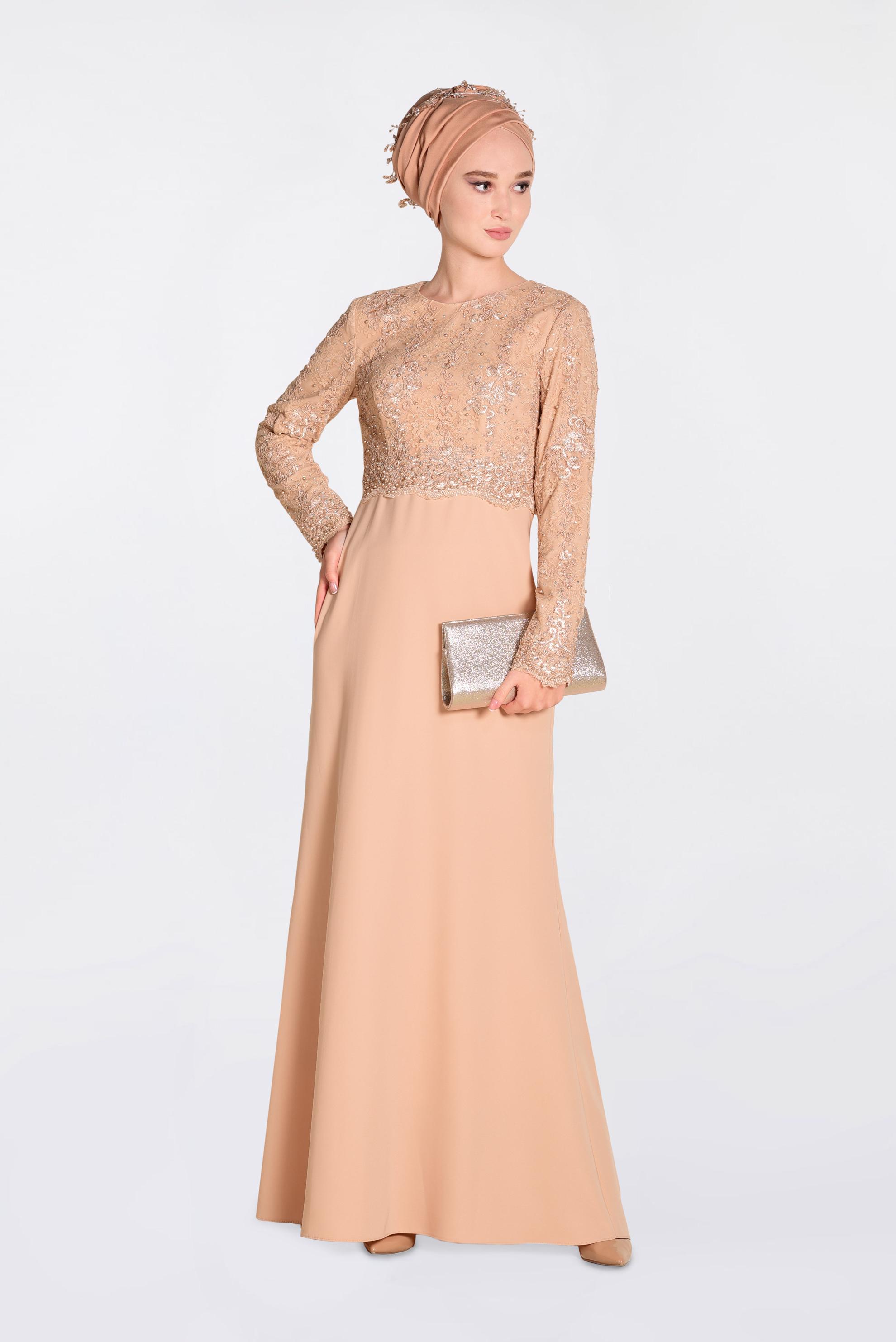 Tesettür giyim PUDRA GÜPÜRLÜ BALIK ABİYE ELBİSE 5520