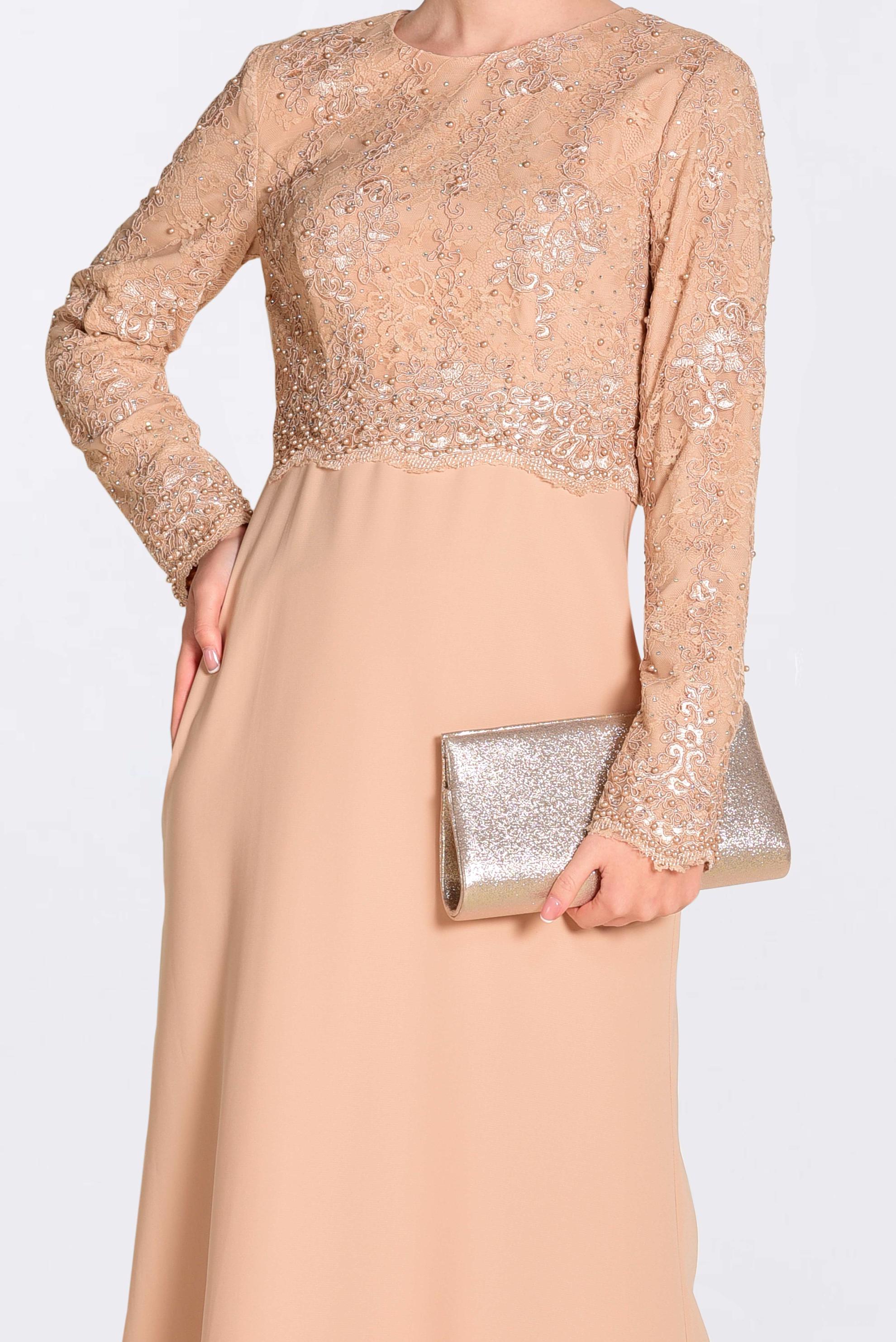 Tesettür giyim PUDRA GÜPÜRLÜ BALIK ABİYE ELBİSE 5520