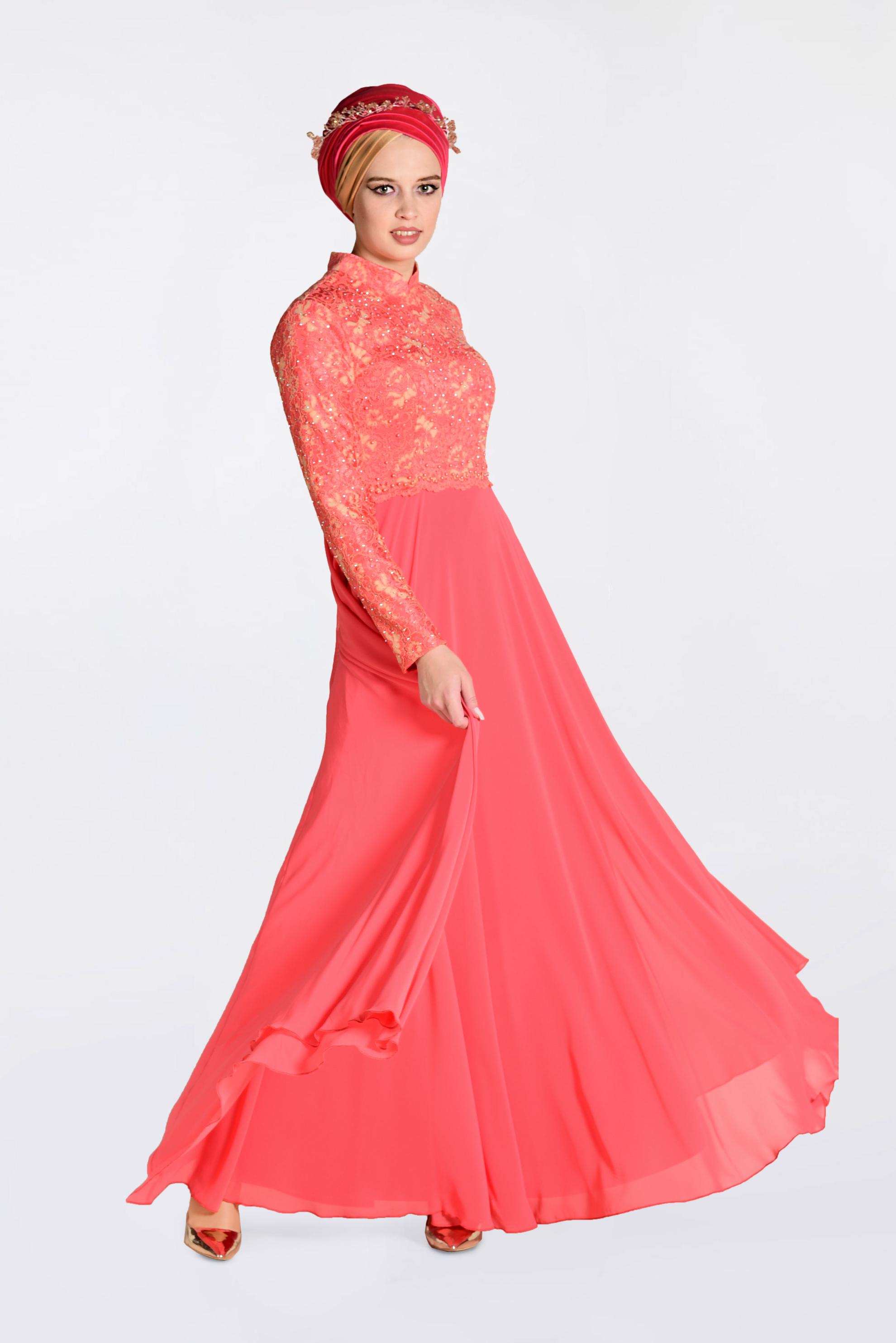 Tesettür giyim MERCAN ÜSTÜ GÜPÜRLÜ ABİYE ELBİSE 5521