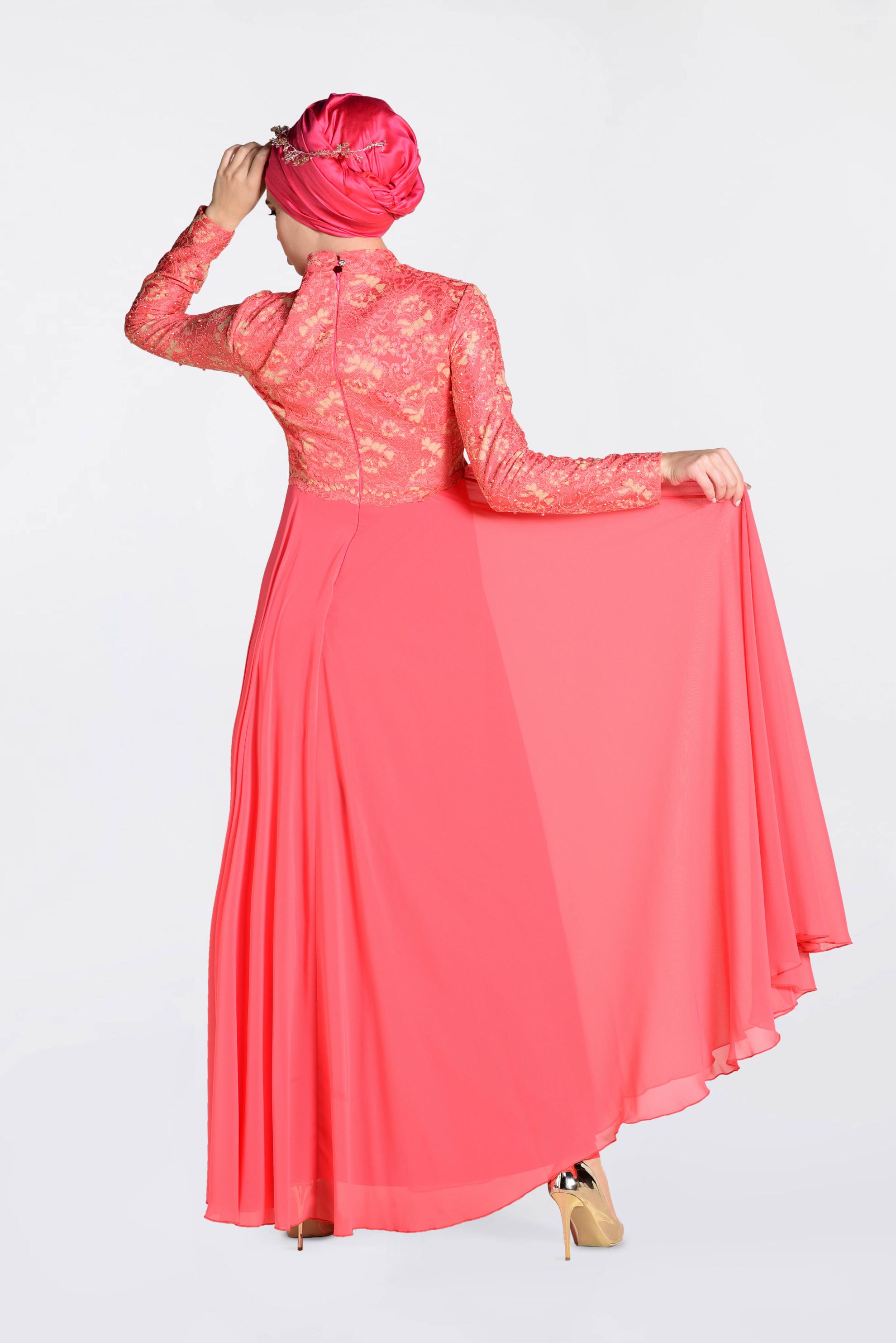 Tesettür giyim MERCAN ÜSTÜ GÜPÜRLÜ ABİYE ELBİSE 5521