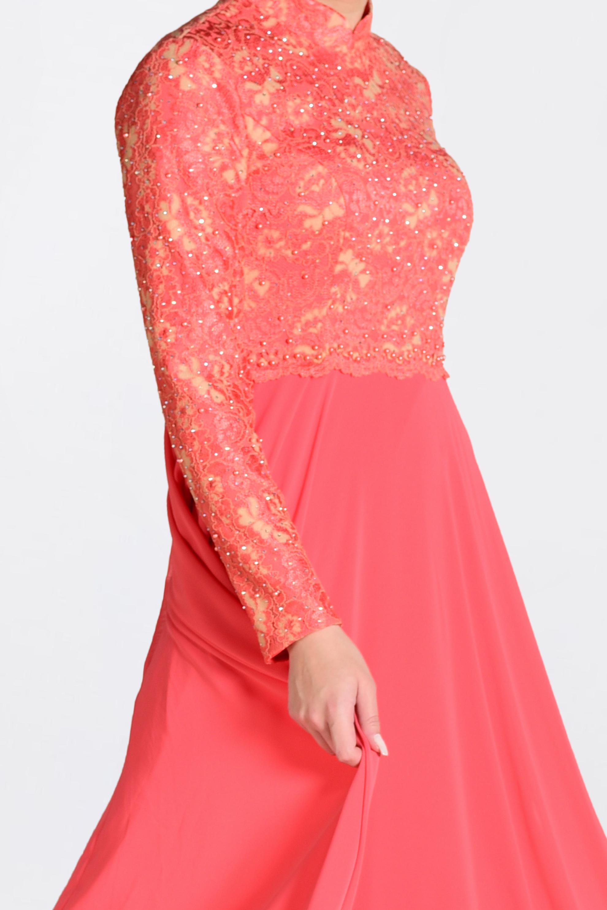 Tesettür giyim MERCAN ÜSTÜ GÜPÜRLÜ ABİYE ELBİSE 5521