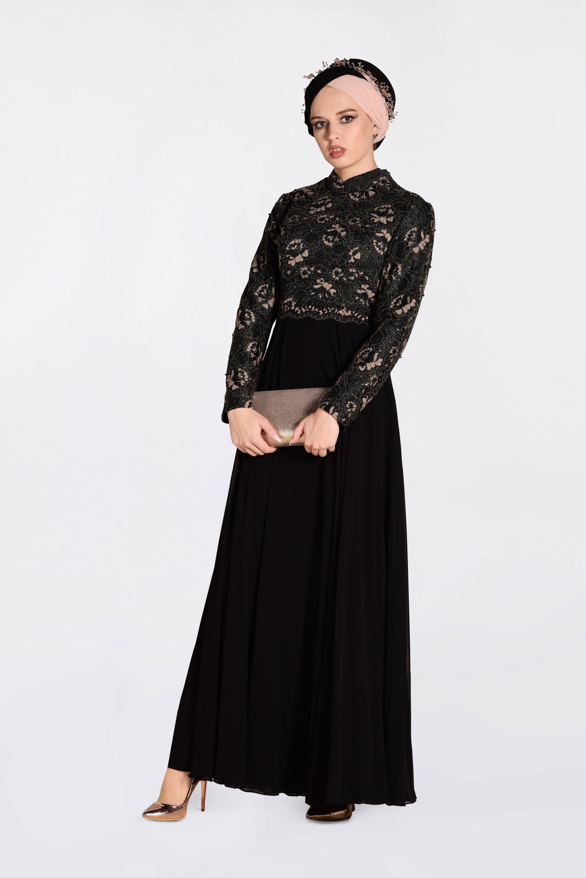 Tesettür giyim SİYAH ÜSTÜ GÜPÜRLÜ ABİYE ELBİSE 5521