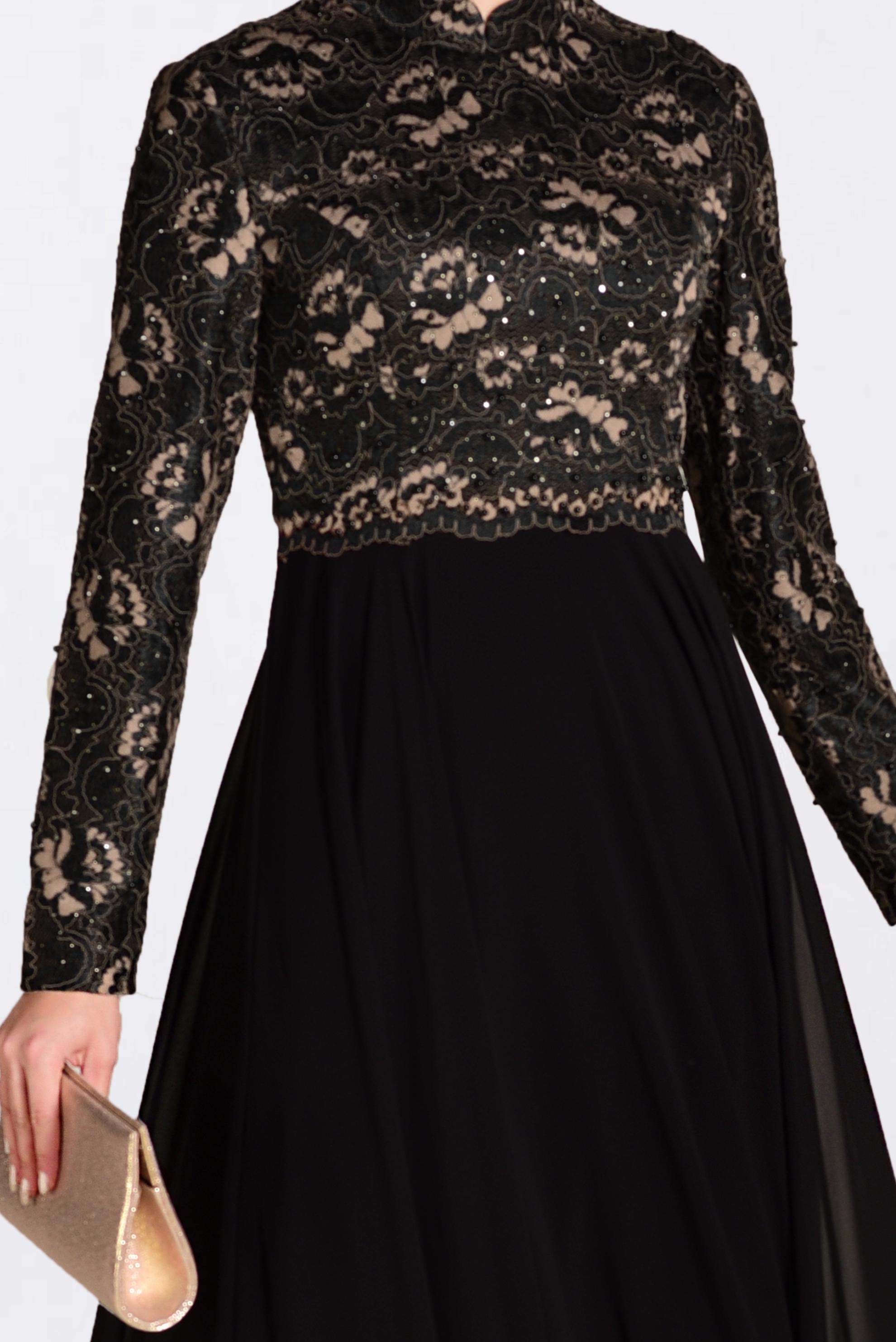 Tesettür giyim SİYAH ÜSTÜ GÜPÜRLÜ ABİYE ELBİSE 5521