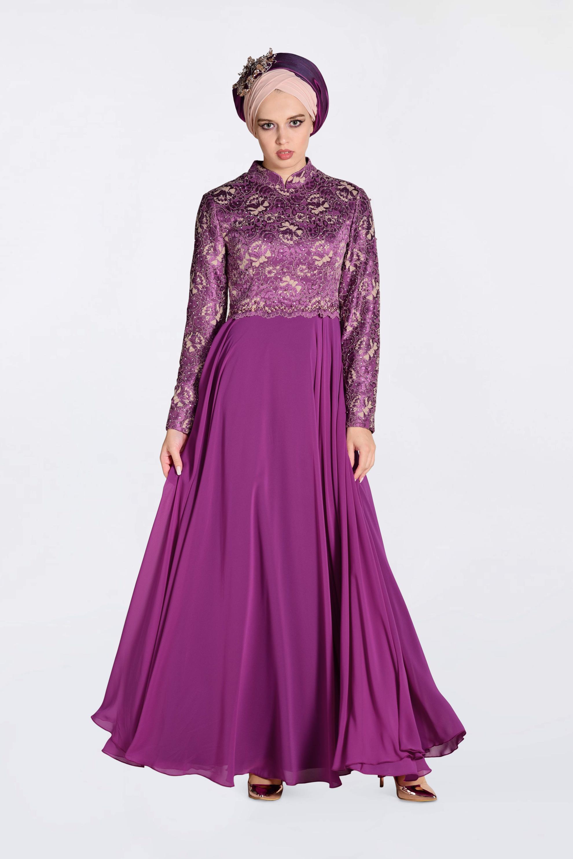 Tesettür giyim MOR ÜSTÜ GÜPÜRLÜ ABİYE ELBİSE 5521
