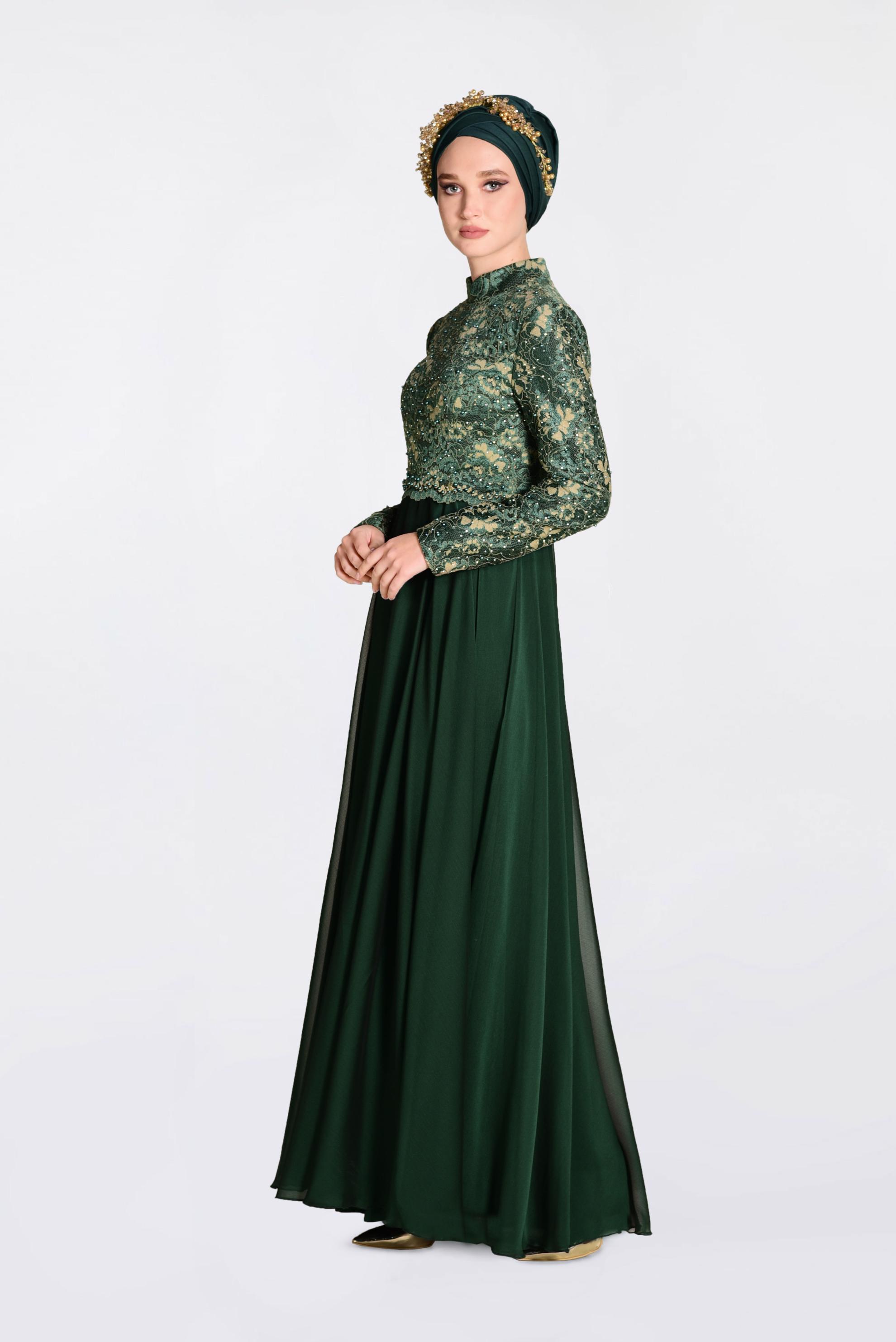 Tesettür giyim YEŞİL ÜSTÜ GÜPÜRLÜ ABİYE ELBİSE 5521