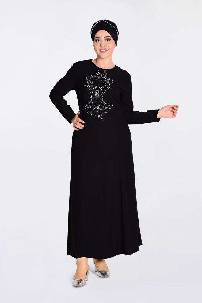 Tesettür giyim SİYAH ÖNÜ İŞLEMELİ ABİYE ELBİSE 5523  - ALVİNA