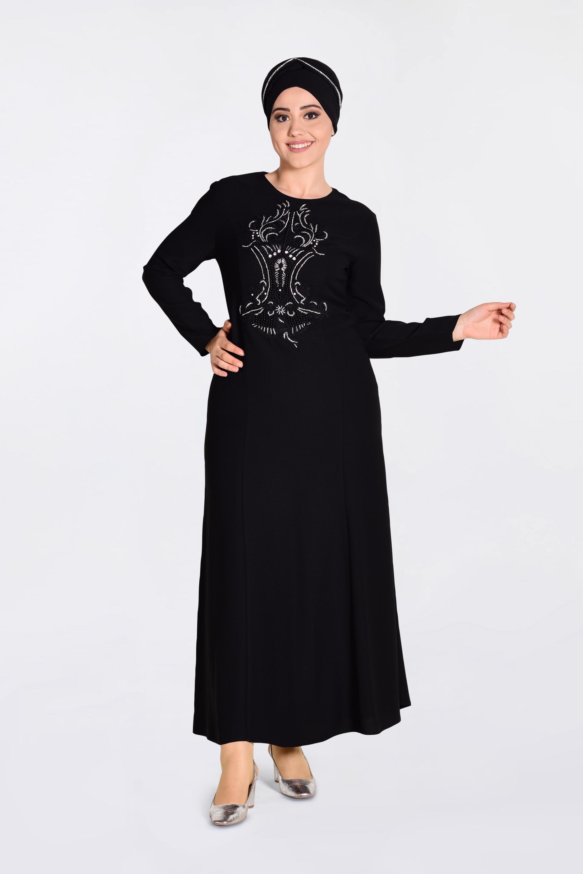 Tesettür giyim SİYAH ÖNÜ İŞLEMELİ ABİYE ELBİSE 5523 