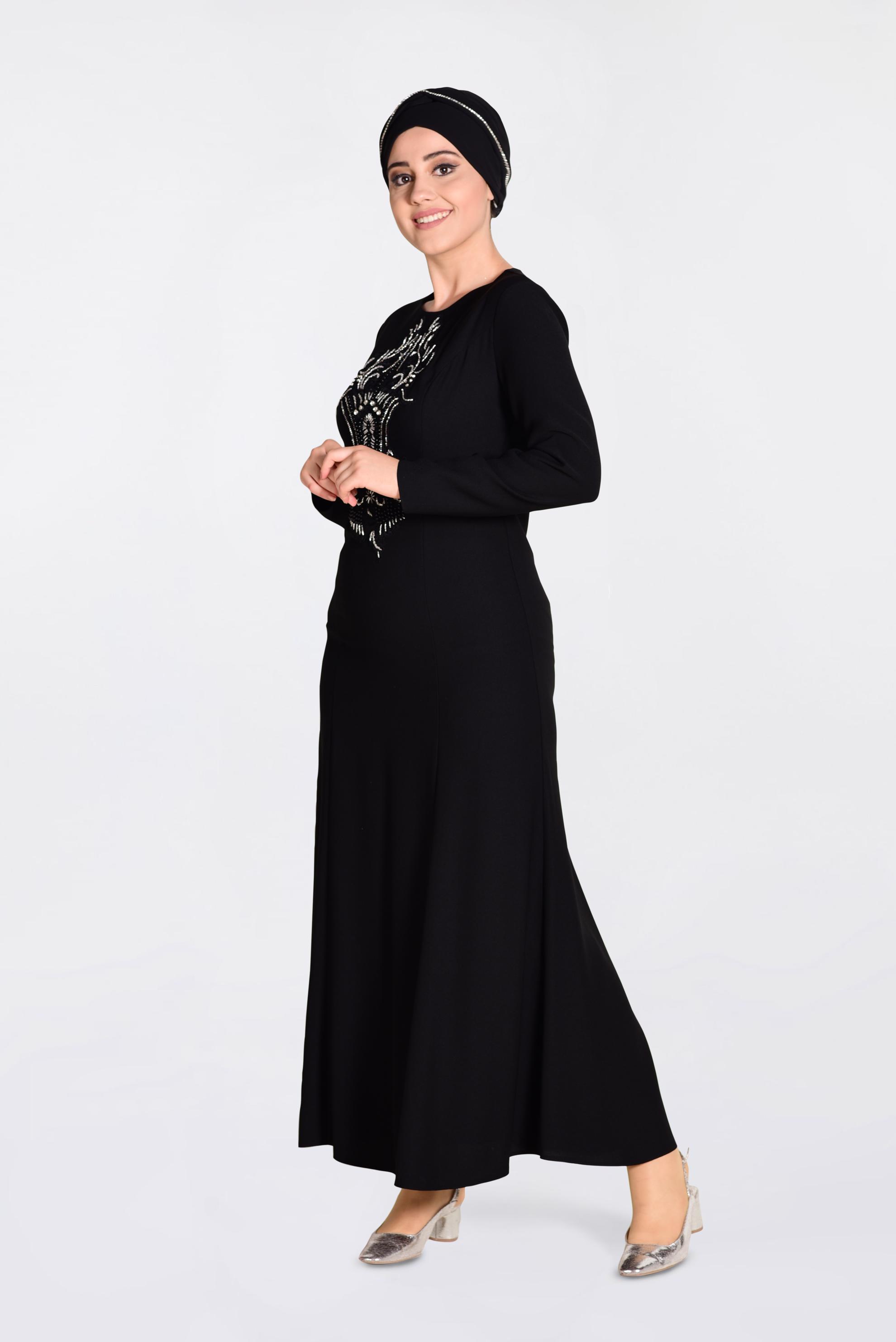 Tesettür giyim SİYAH ÖNÜ İŞLEMELİ ABİYE ELBİSE 5523 
