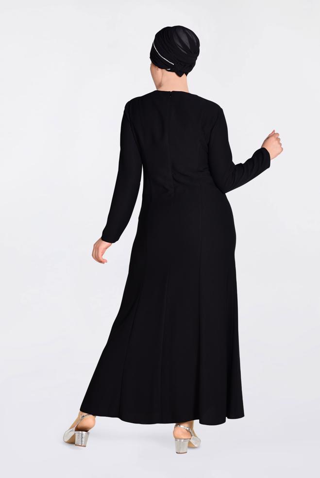 Tesettür giyim SİYAH ÖNÜ İŞLEMELİ ABİYE ELBİSE 5523  - ALVİNA