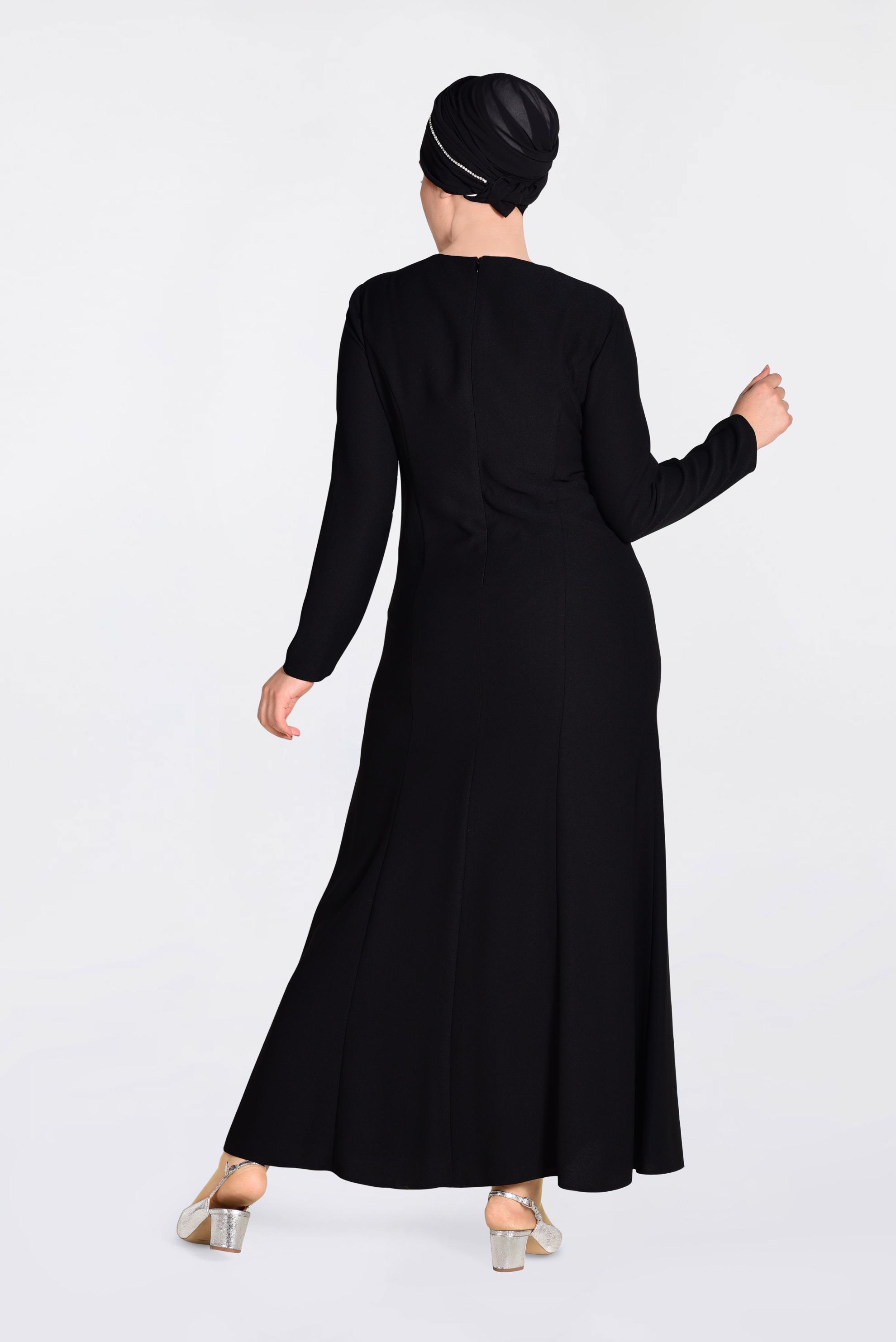 Tesettür giyim SİYAH ÖNÜ İŞLEMELİ ABİYE ELBİSE 5523 