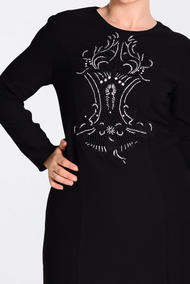 Tesettür giyim SİYAH ÖNÜ İŞLEMELİ ABİYE ELBİSE 5523  - ALVİNA