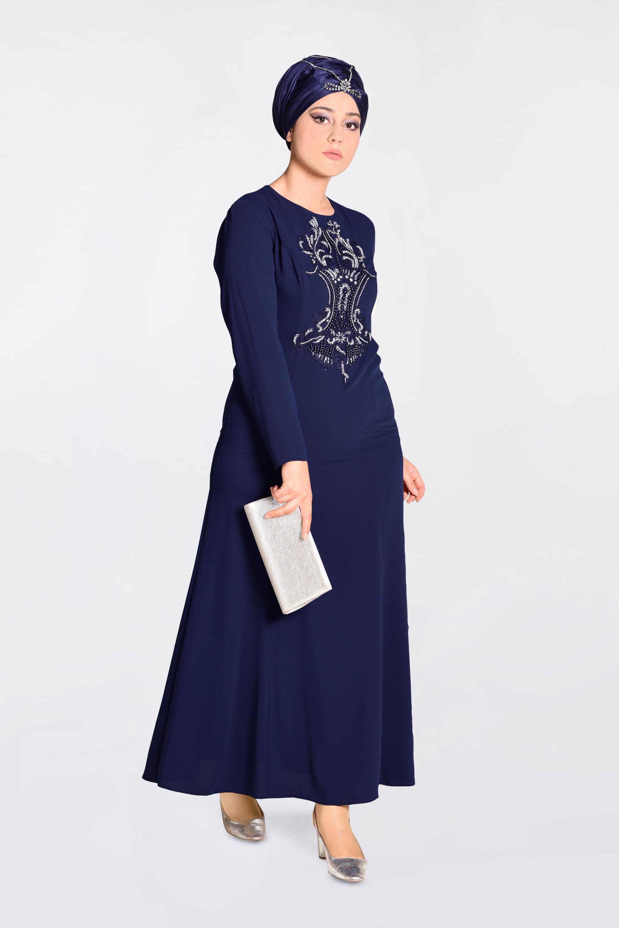 Tesettür giyim LACİVERT ÖNÜ İŞLEMELİ ABİYE ELBİSE 5523 