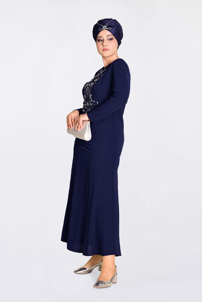 Tesettür giyim LACİVERT ÖNÜ İŞLEMELİ ABİYE ELBİSE 5523  - ALVİNA