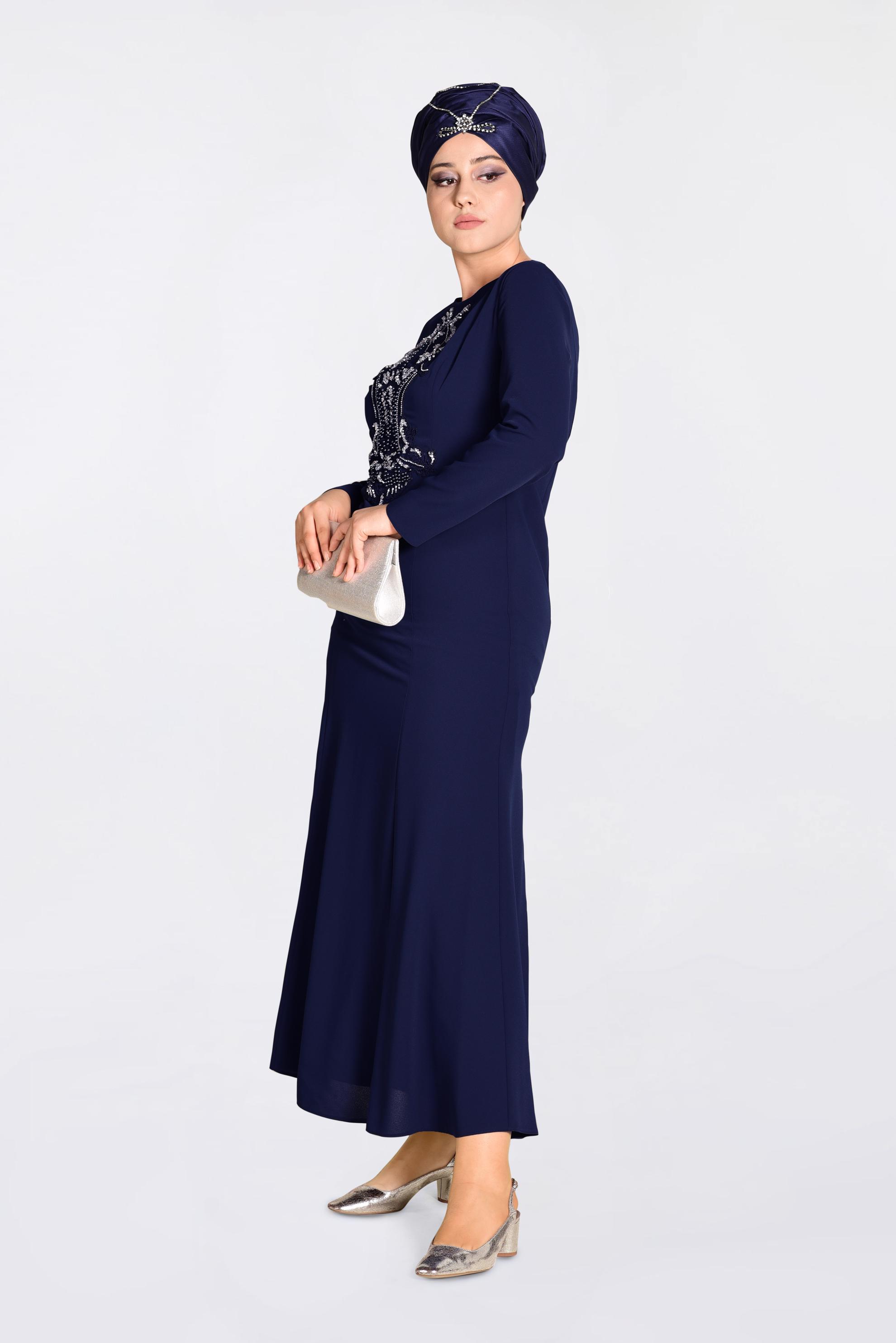 Tesettür giyim LACİVERT ÖNÜ İŞLEMELİ ABİYE ELBİSE 5523 