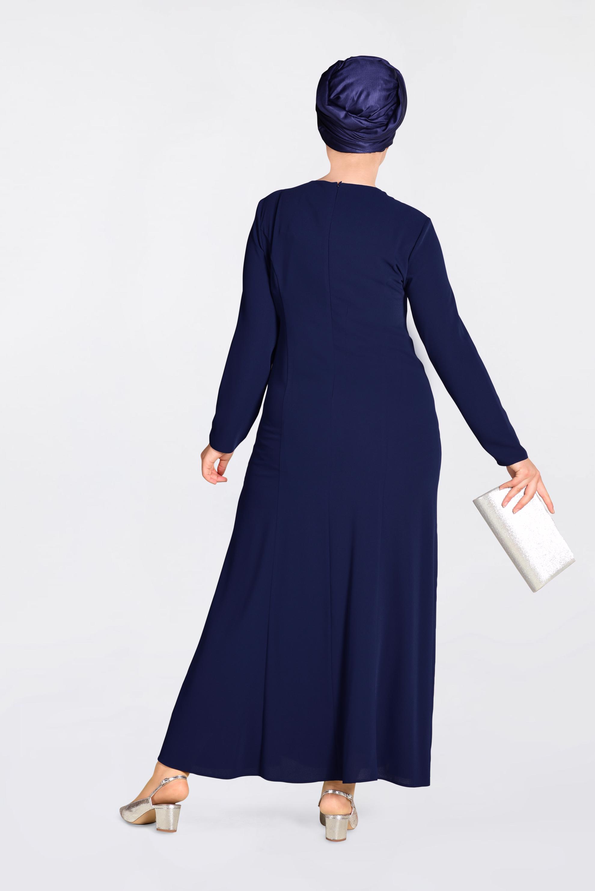Tesettür giyim LACİVERT ÖNÜ İŞLEMELİ ABİYE ELBİSE 5523 