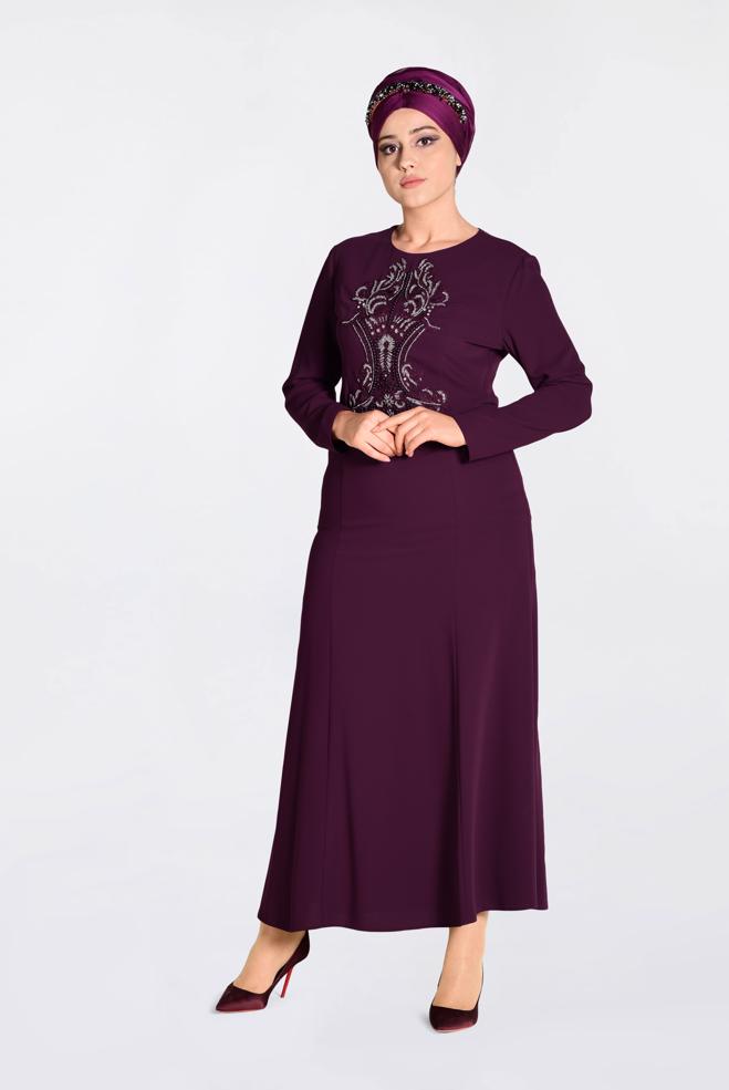 Tesettür giyim BORDO ÖNÜ İŞLEMELİ ABİYE ELBİSE 5523  - ALVİNA
