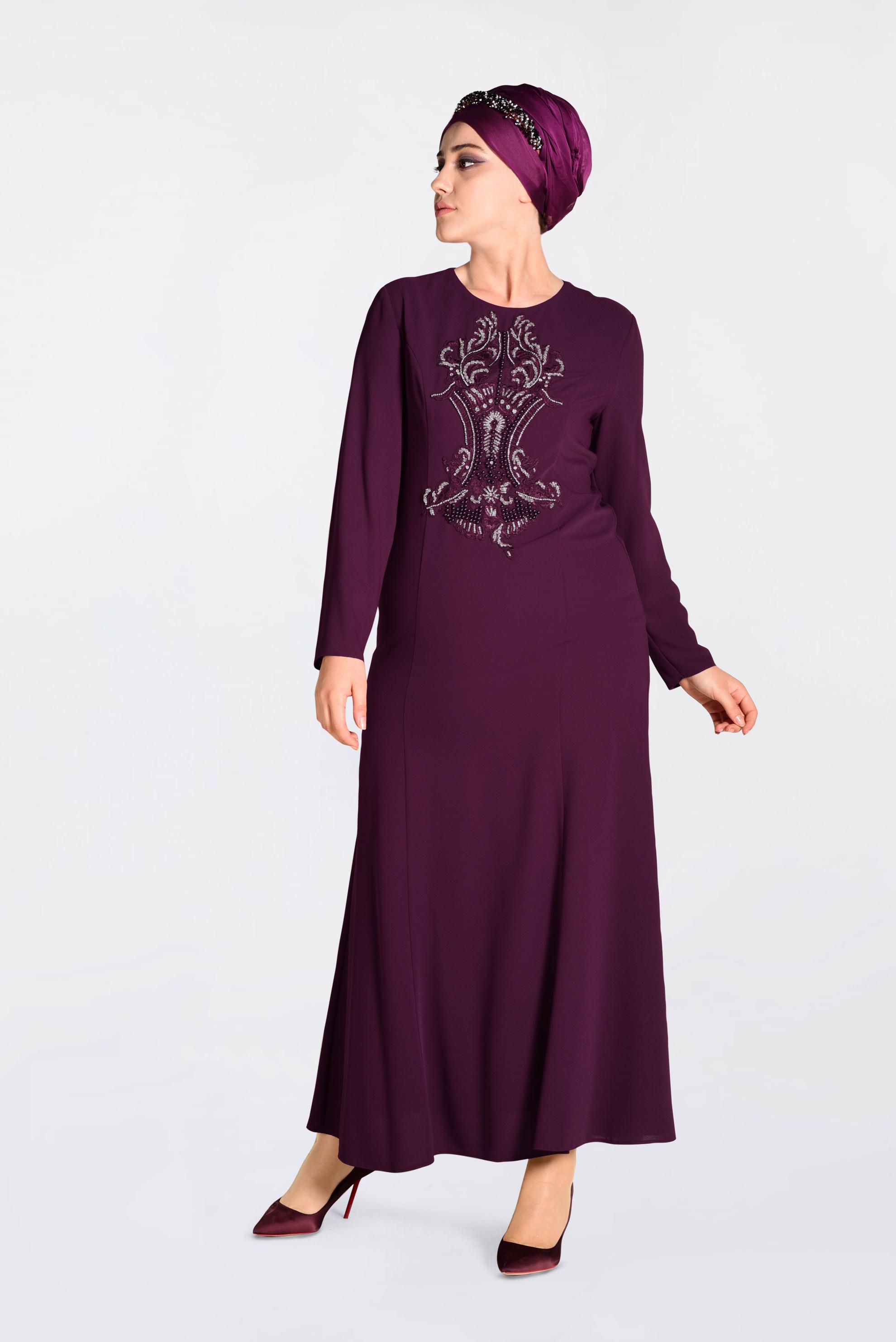 Tesettür giyim BORDO ÖNÜ İŞLEMELİ ABİYE ELBİSE 5523 