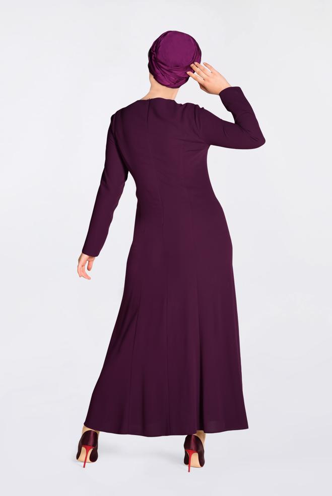 Tesettür giyim BORDO ÖNÜ İŞLEMELİ ABİYE ELBİSE 5523  - ALVİNA