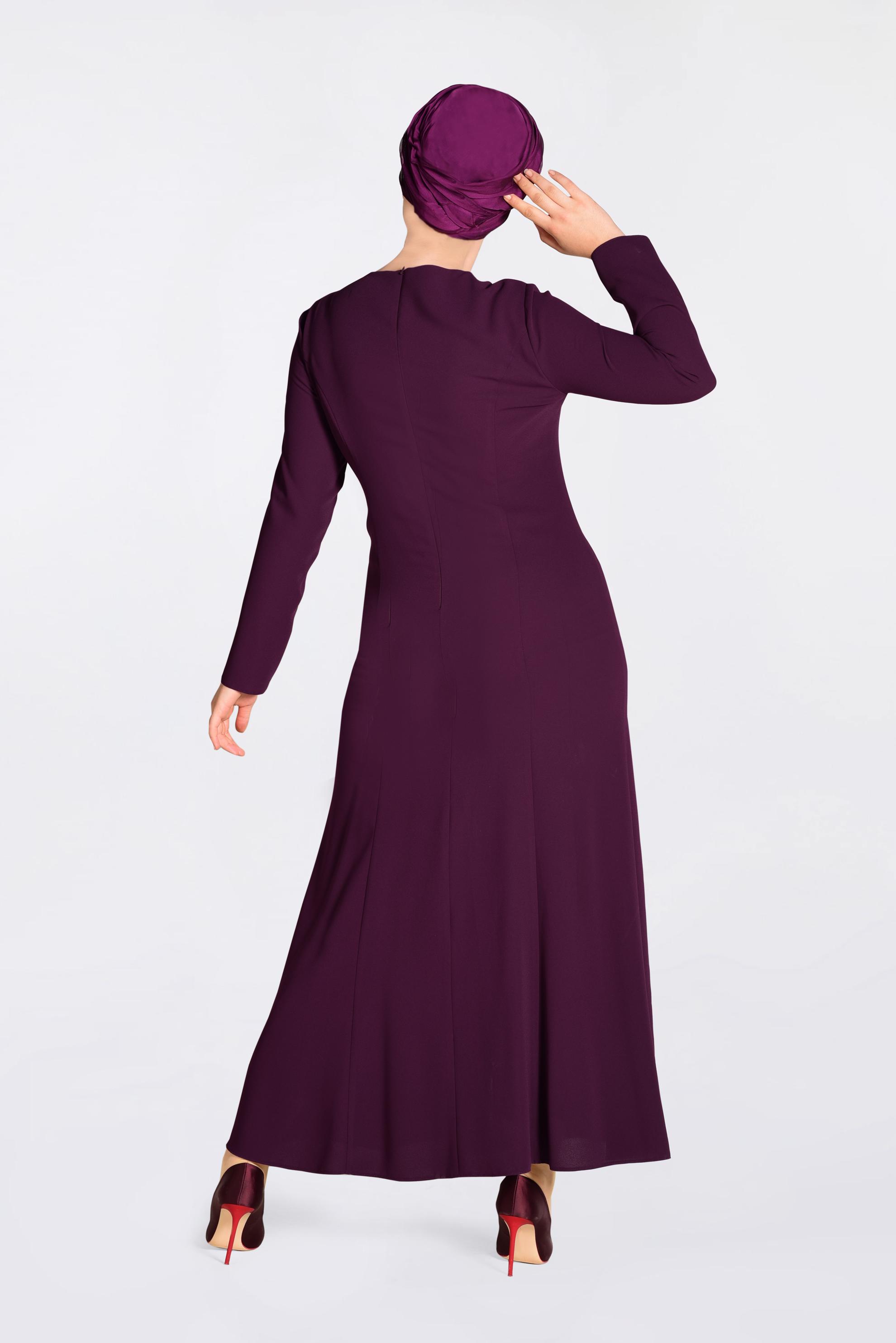 Tesettür giyim BORDO ÖNÜ İŞLEMELİ ABİYE ELBİSE 5523 