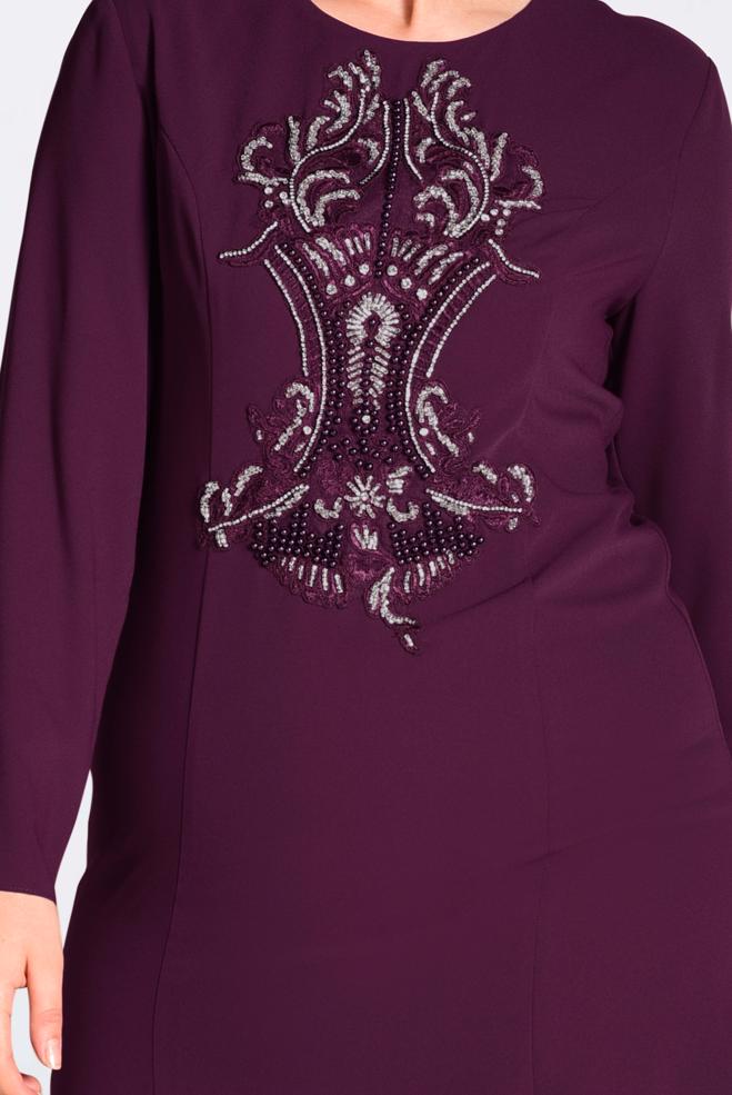 Tesettür giyim BORDO ÖNÜ İŞLEMELİ ABİYE ELBİSE 5523  - ALVİNA