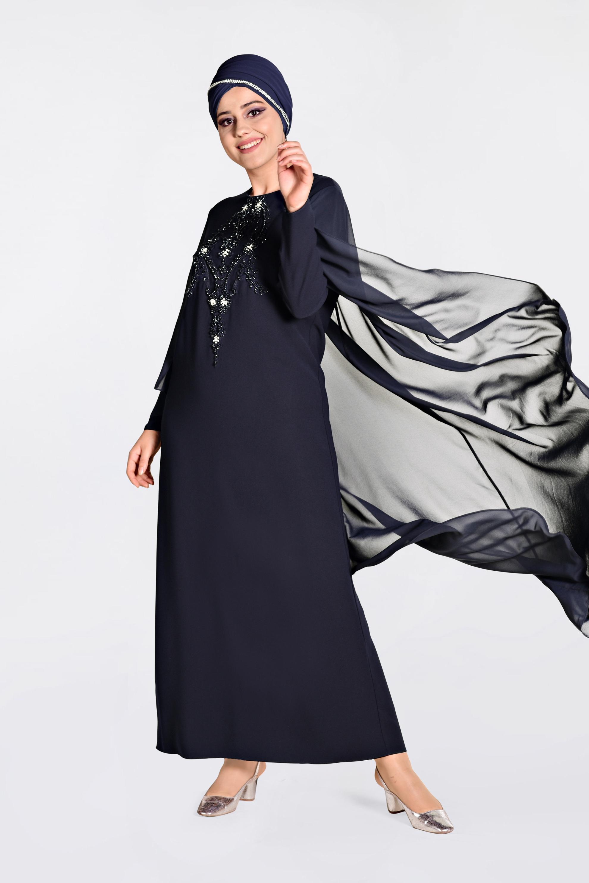 Hijab clothing NAVY BLUE EMBROIDERED CLOAK NIGHT DRESS 5524	