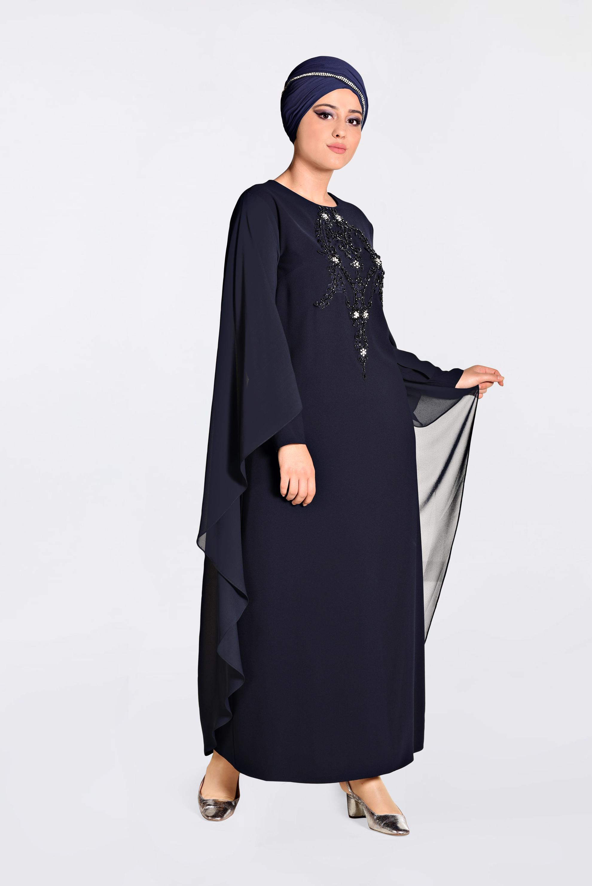 Hijab clothing NAVY BLUE EMBROIDERED CLOAK NIGHT DRESS 5524	
