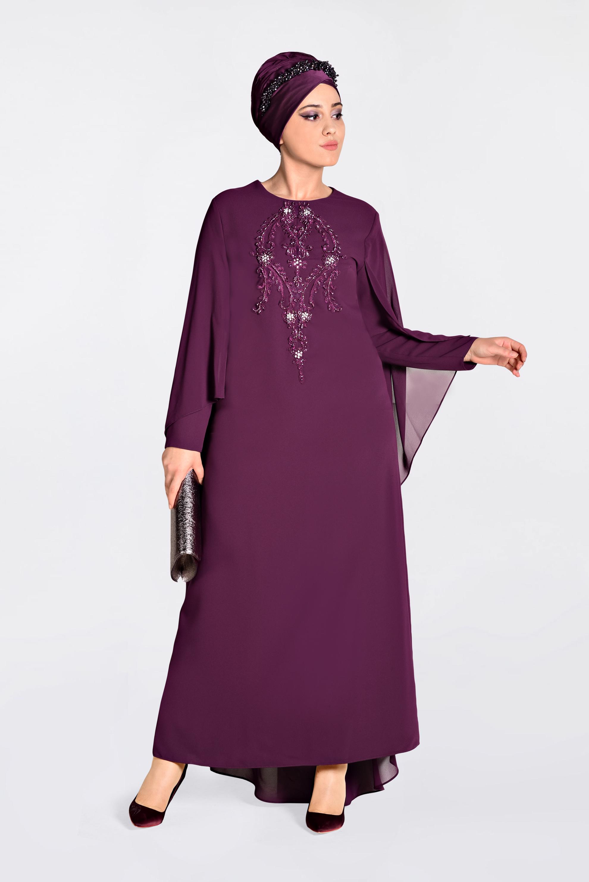 Tesettür giyim MOR İŞLEMELİ PELERİN ABİYE ELBİSE 5524 