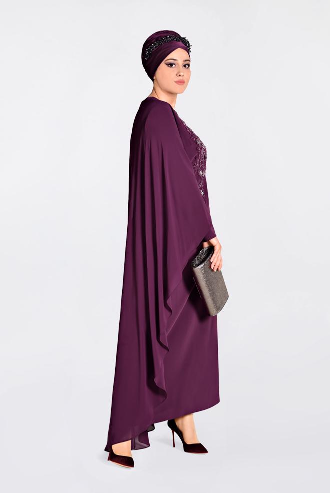 Tesettür giyim MOR İŞLEMELİ PELERİN ABİYE ELBİSE 5524  - ALVİNA