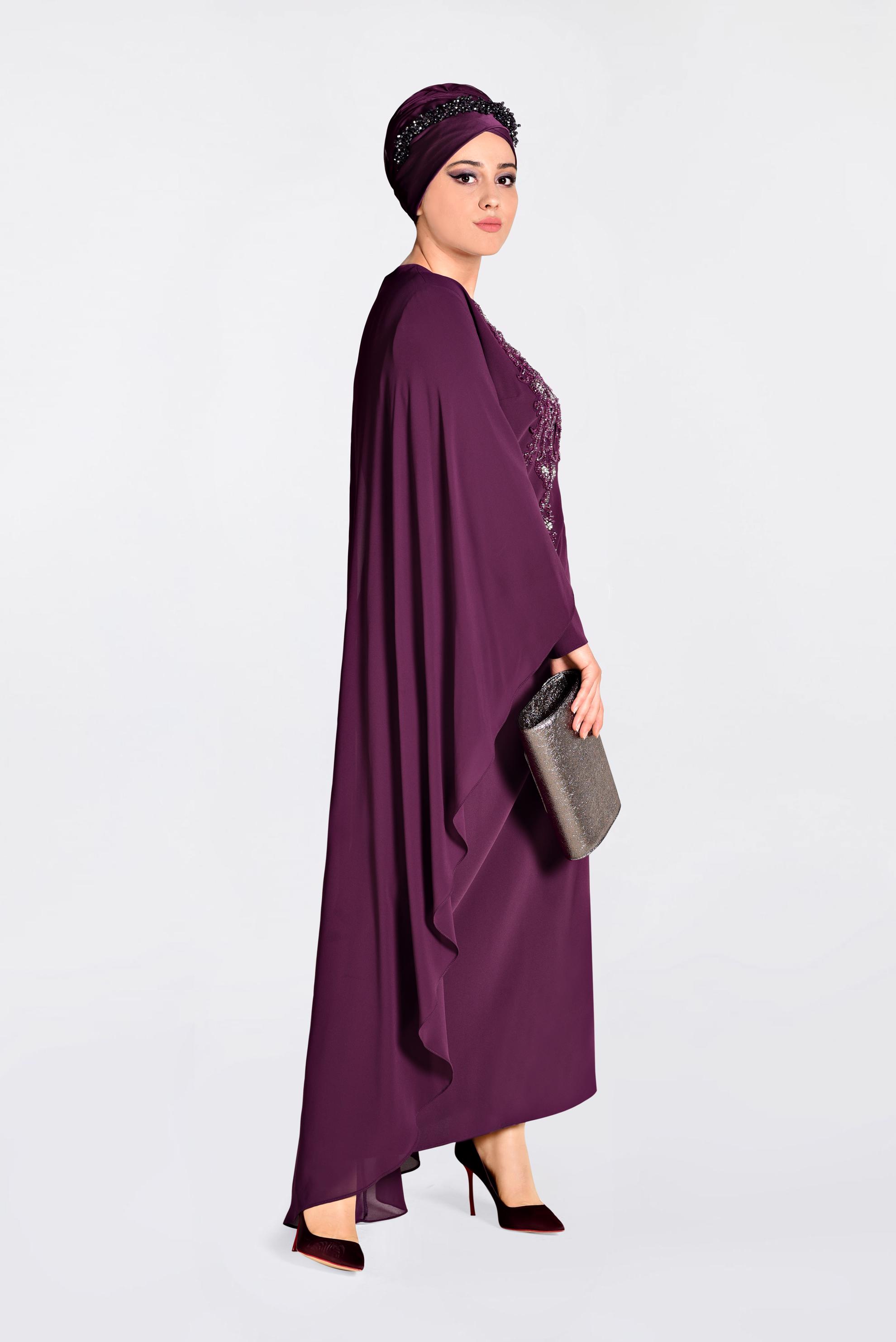 Tesettür giyim MOR İŞLEMELİ PELERİN ABİYE ELBİSE 5524 