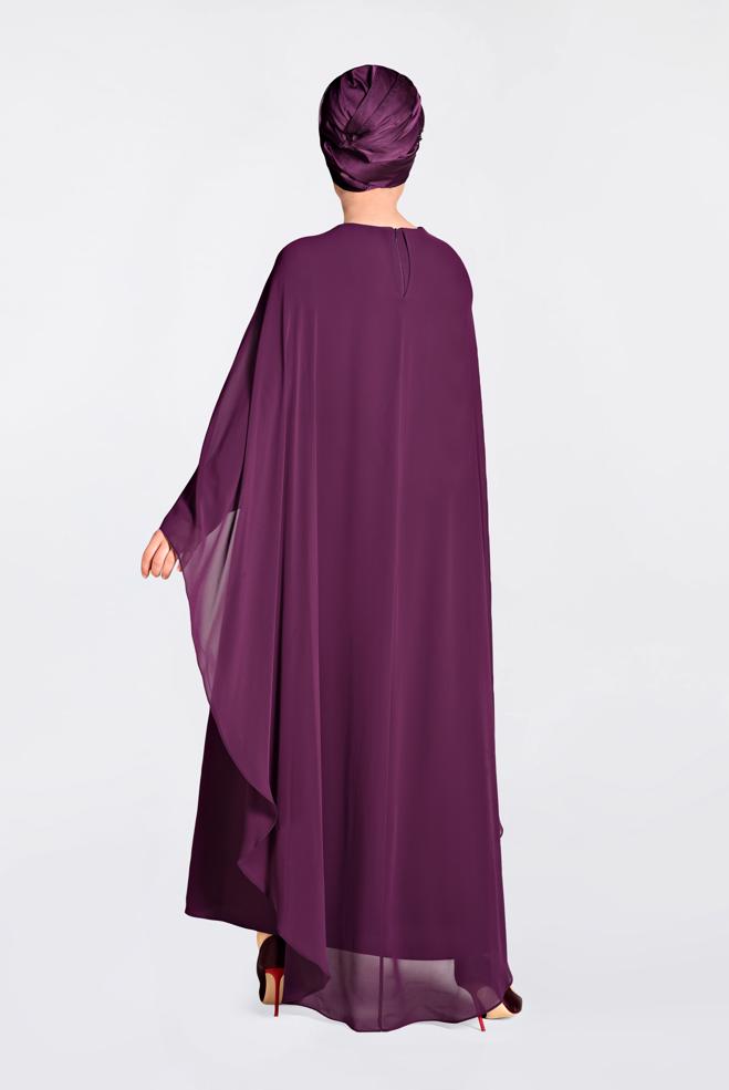 Tesettür giyim MOR İŞLEMELİ PELERİN ABİYE ELBİSE 5524  - ALVİNA